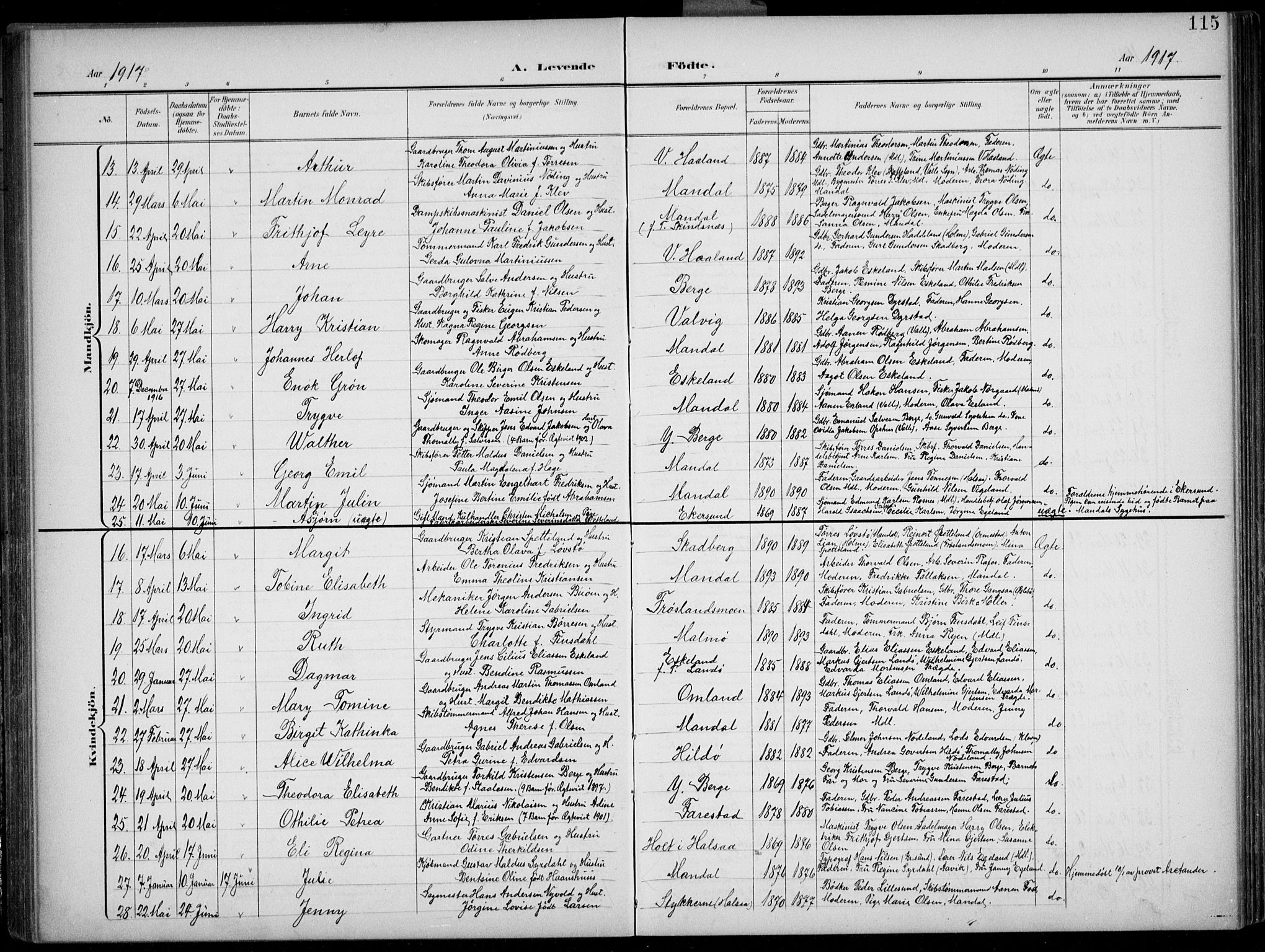 Mandal sokneprestkontor, AV/SAK-1111-0030/F/Fb/Fba/L0012: Parish register (copy) no. B 6, 1899-1918, p. 115