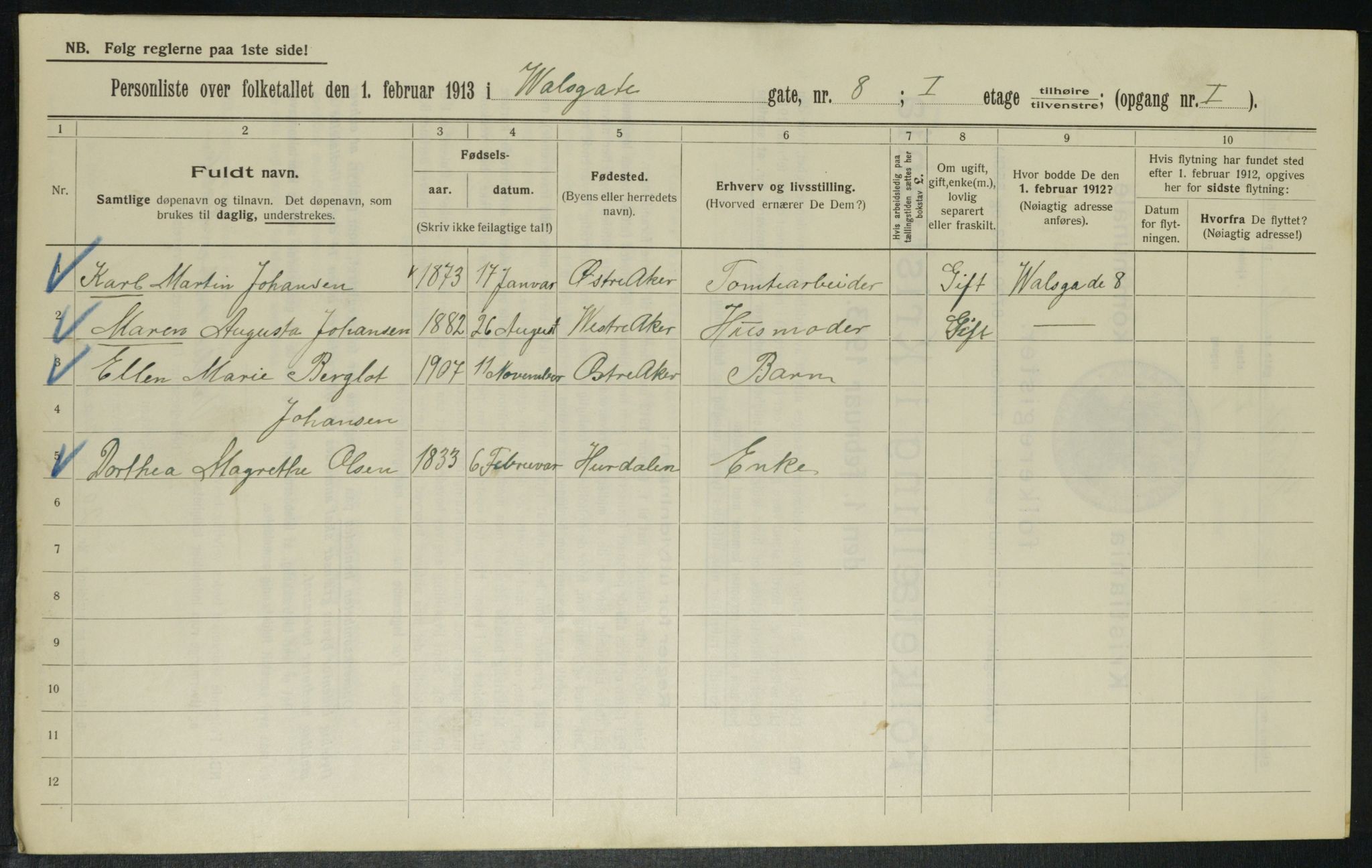 OBA, Municipal Census 1913 for Kristiania, 1913, p. 121500