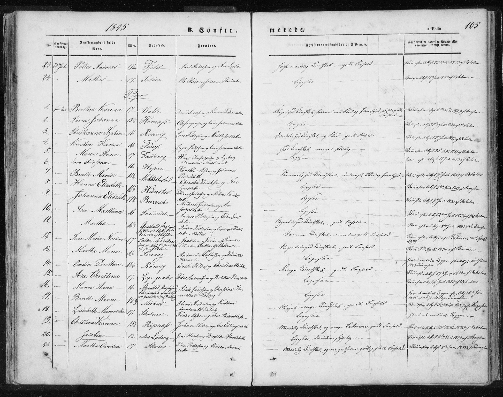 Ministerialprotokoller, klokkerbøker og fødselsregistre - Nordland, AV/SAT-A-1459/801/L0007: Parish register (official) no. 801A07, 1845-1863, p. 105