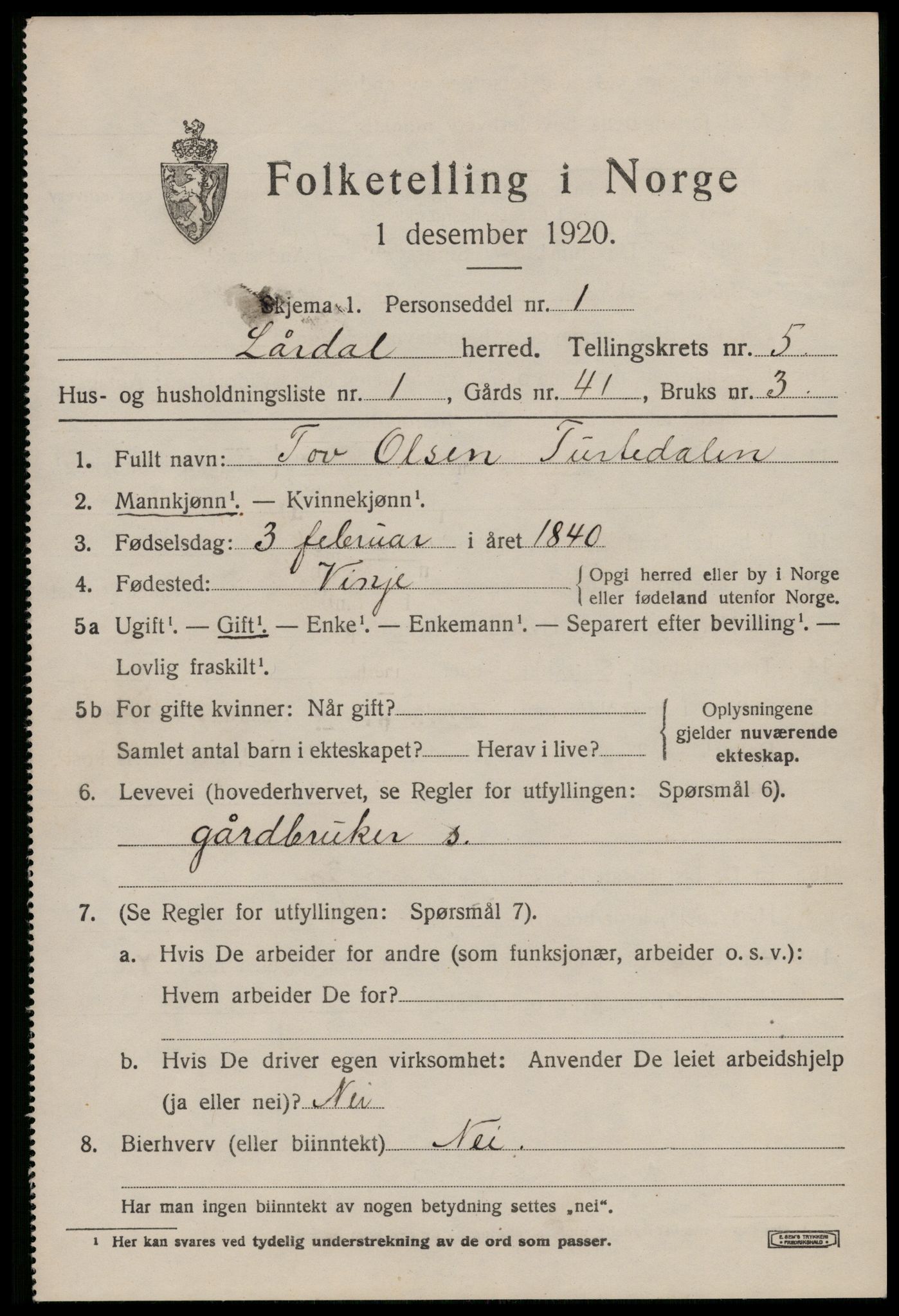 SAKO, 1920 census for Lårdal, 1920, p. 2401