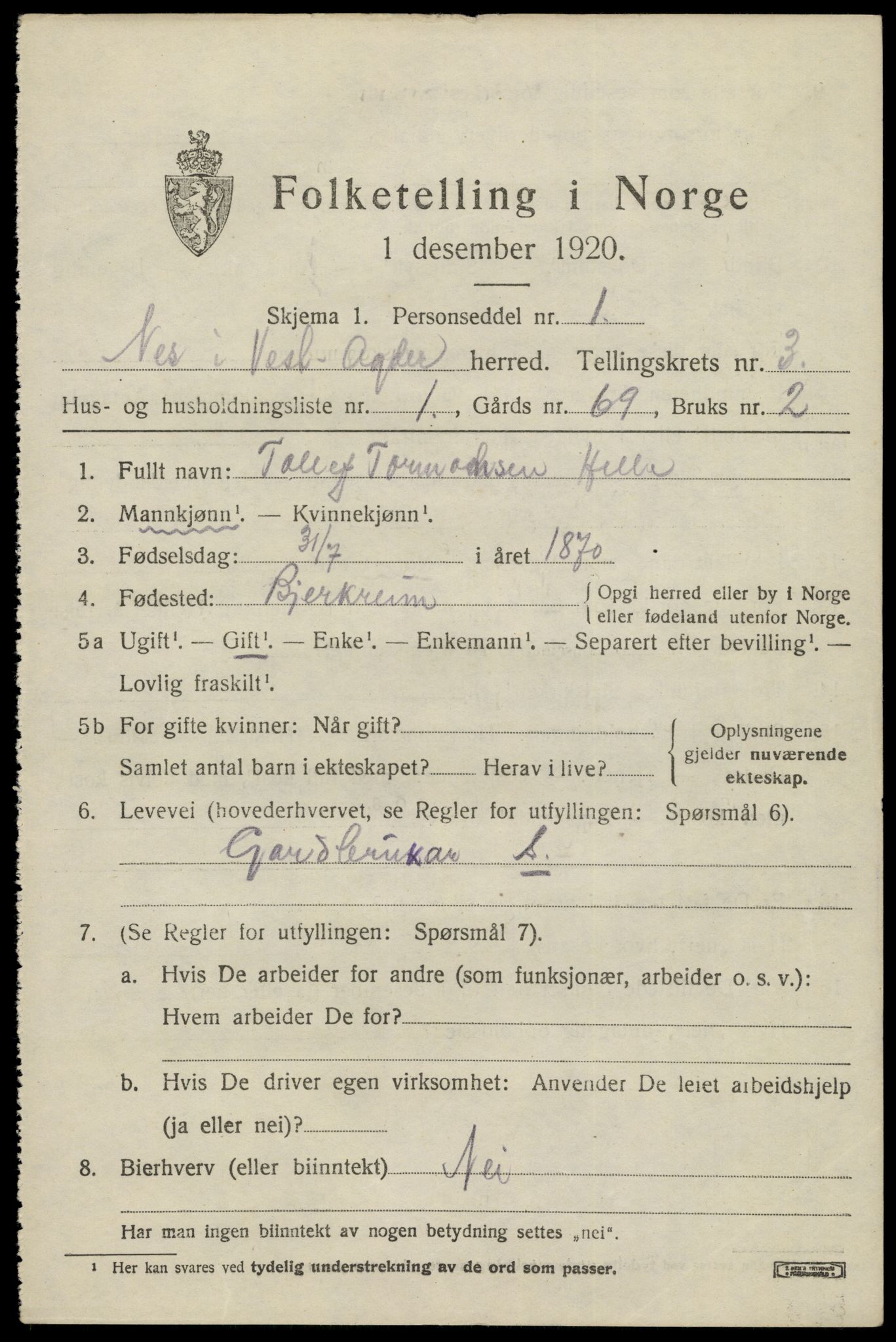 SAK, 1920 census for Nes (V-A), 1920, p. 1534