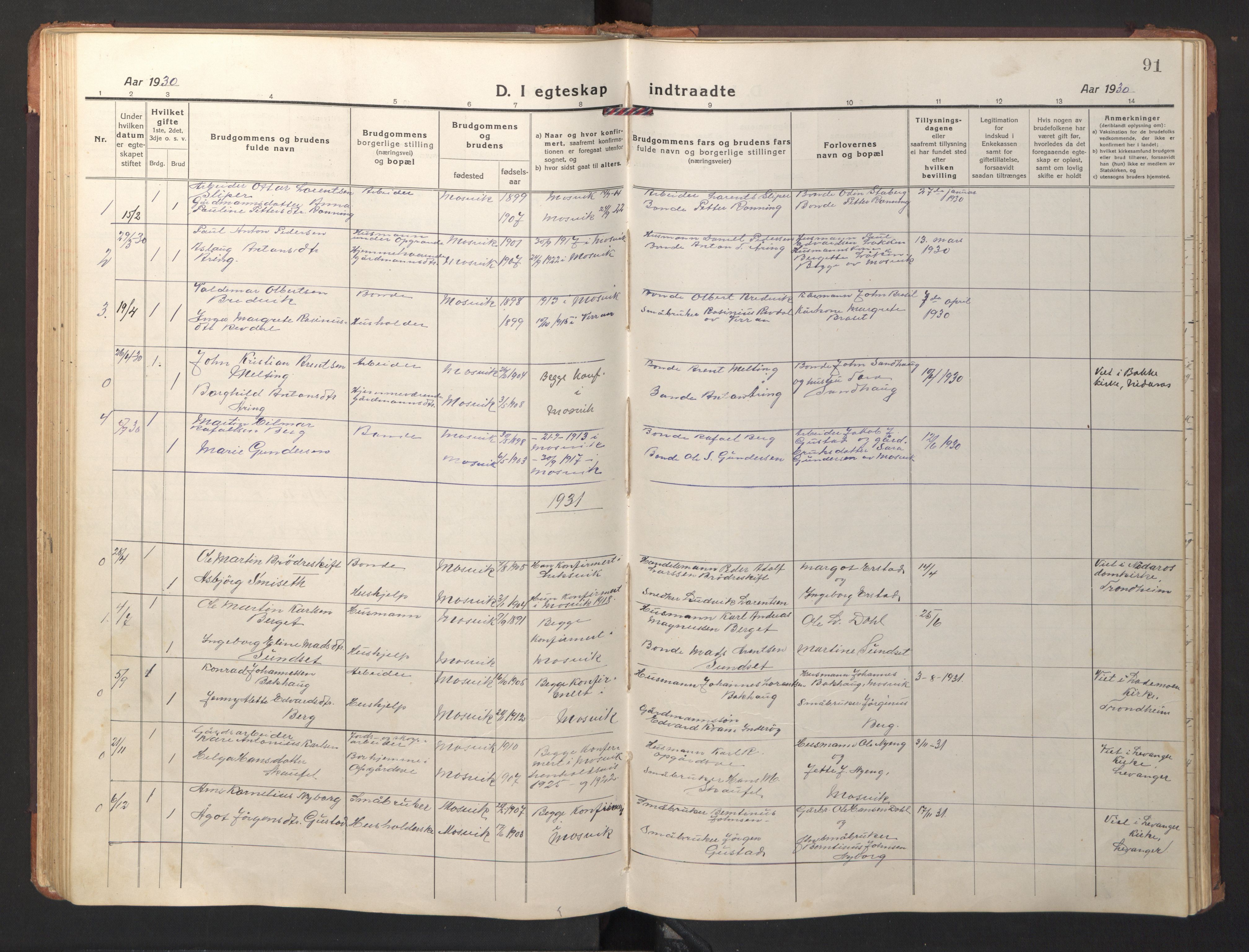 Ministerialprotokoller, klokkerbøker og fødselsregistre - Nord-Trøndelag, AV/SAT-A-1458/733/L0328: Parish register (copy) no. 733C03, 1919-1966, p. 91