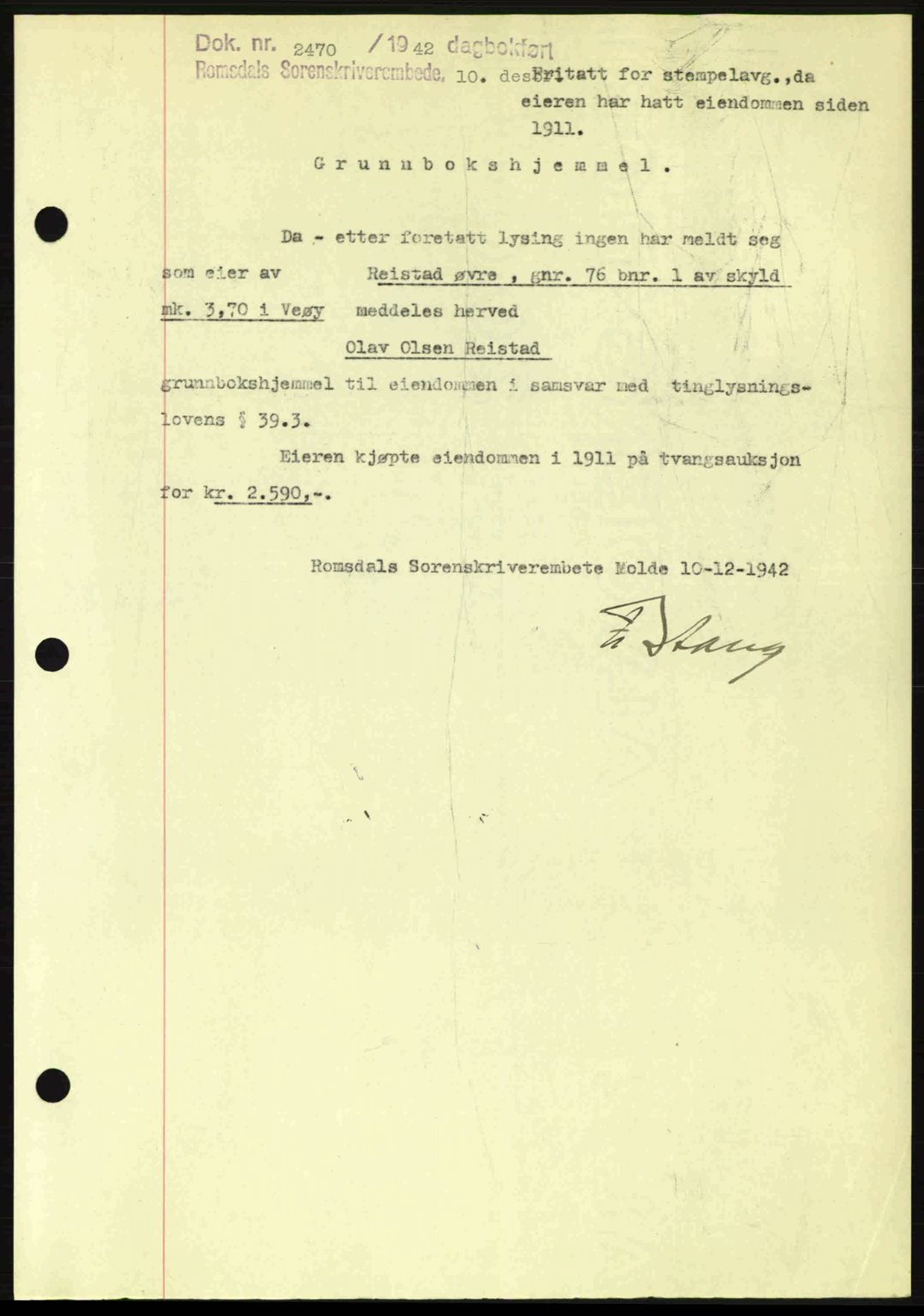 Romsdal sorenskriveri, AV/SAT-A-4149/1/2/2C: Mortgage book no. A13, 1942-1943, Diary no: : 2470/1942