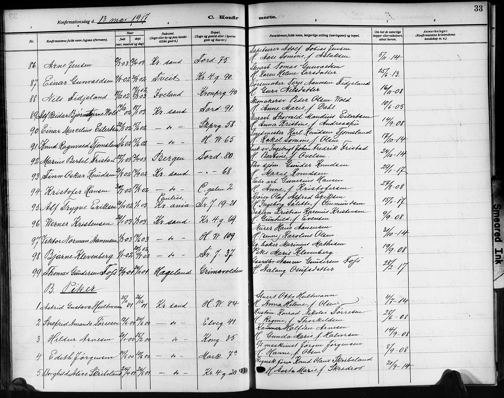 Kristiansand domprosti, SAK/1112-0006/F/Fb/L0022: Parish register (copy) no. B 22, 1915-1925, p. 33