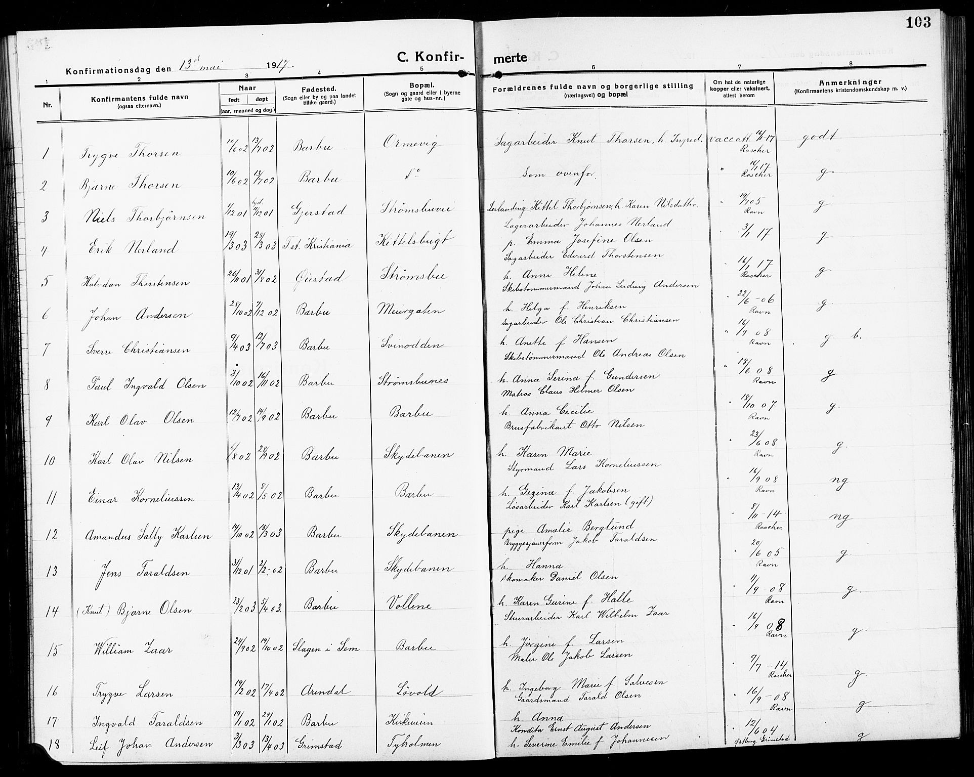 Arendal sokneprestkontor, Trefoldighet, SAK/1111-0040/F/Fb/L0007: Parish register (copy) no. B 7, 1916-1927, p. 103