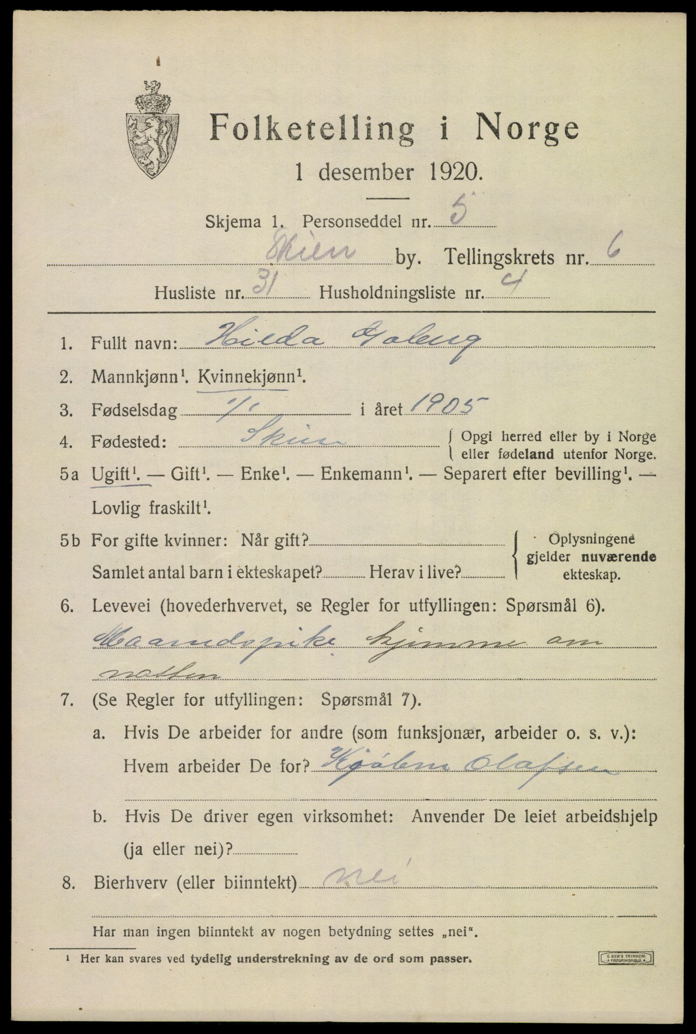 SAKO, 1920 census for Skien, 1920, p. 22476