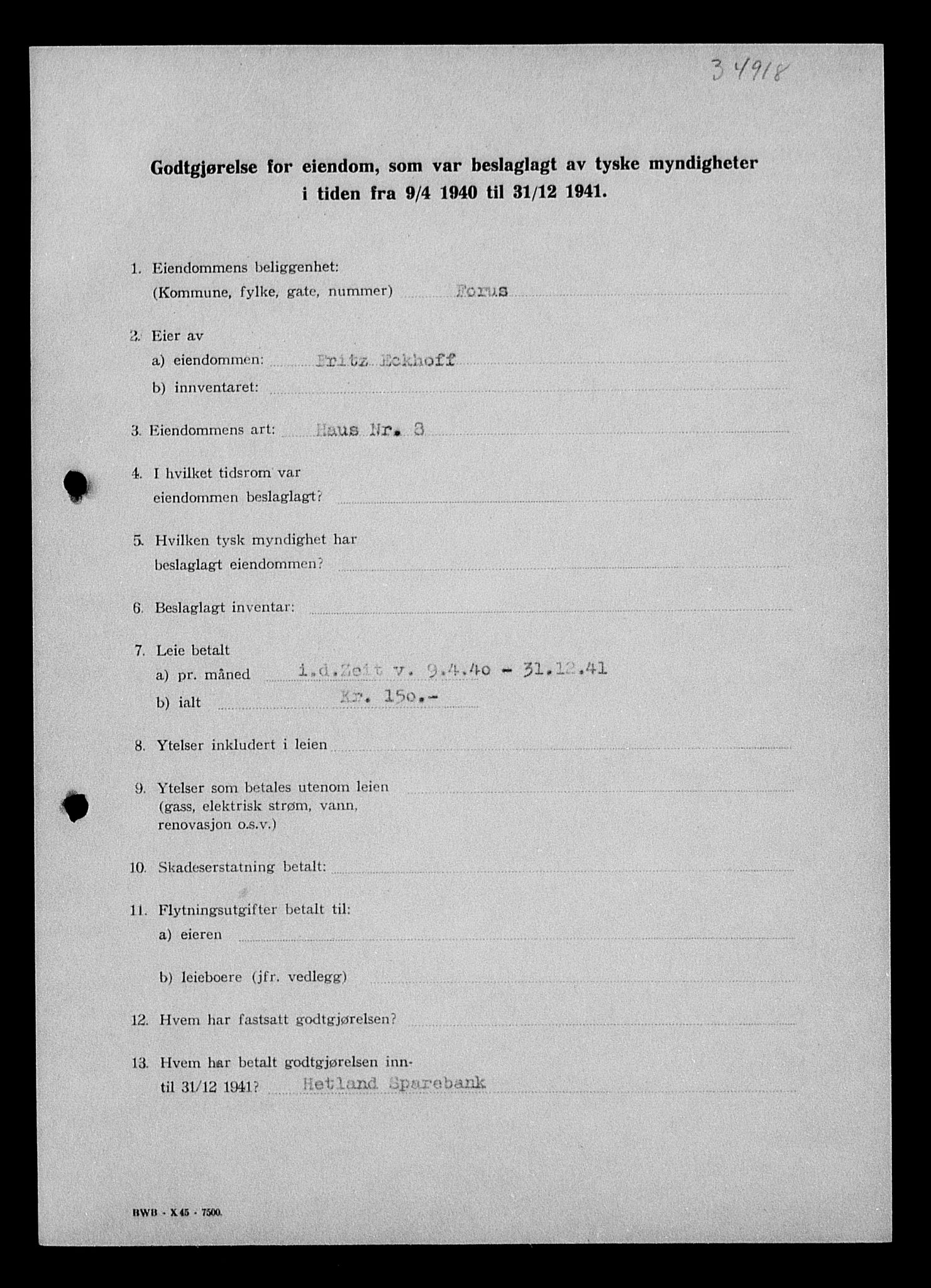 Justisdepartementet, Tilbakeføringskontoret for inndratte formuer, AV/RA-S-1564/I/L1015: Godtgjørelse for beslaglagt eiendom, 1940-1941, p. 445