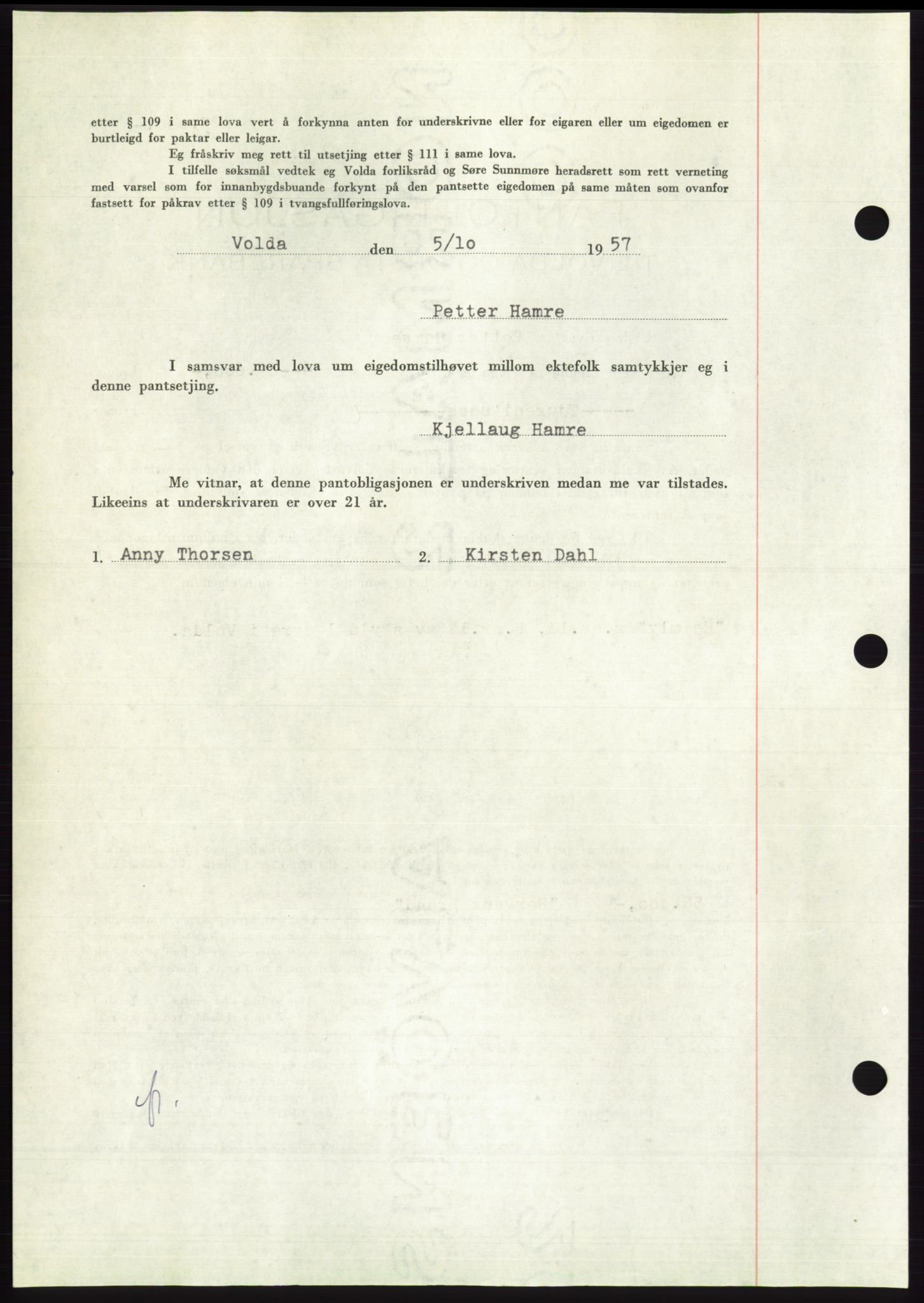 Søre Sunnmøre sorenskriveri, AV/SAT-A-4122/1/2/2C/L0130: Mortgage book no. 18B, 1957-1958, Diary no: : 2397/1957