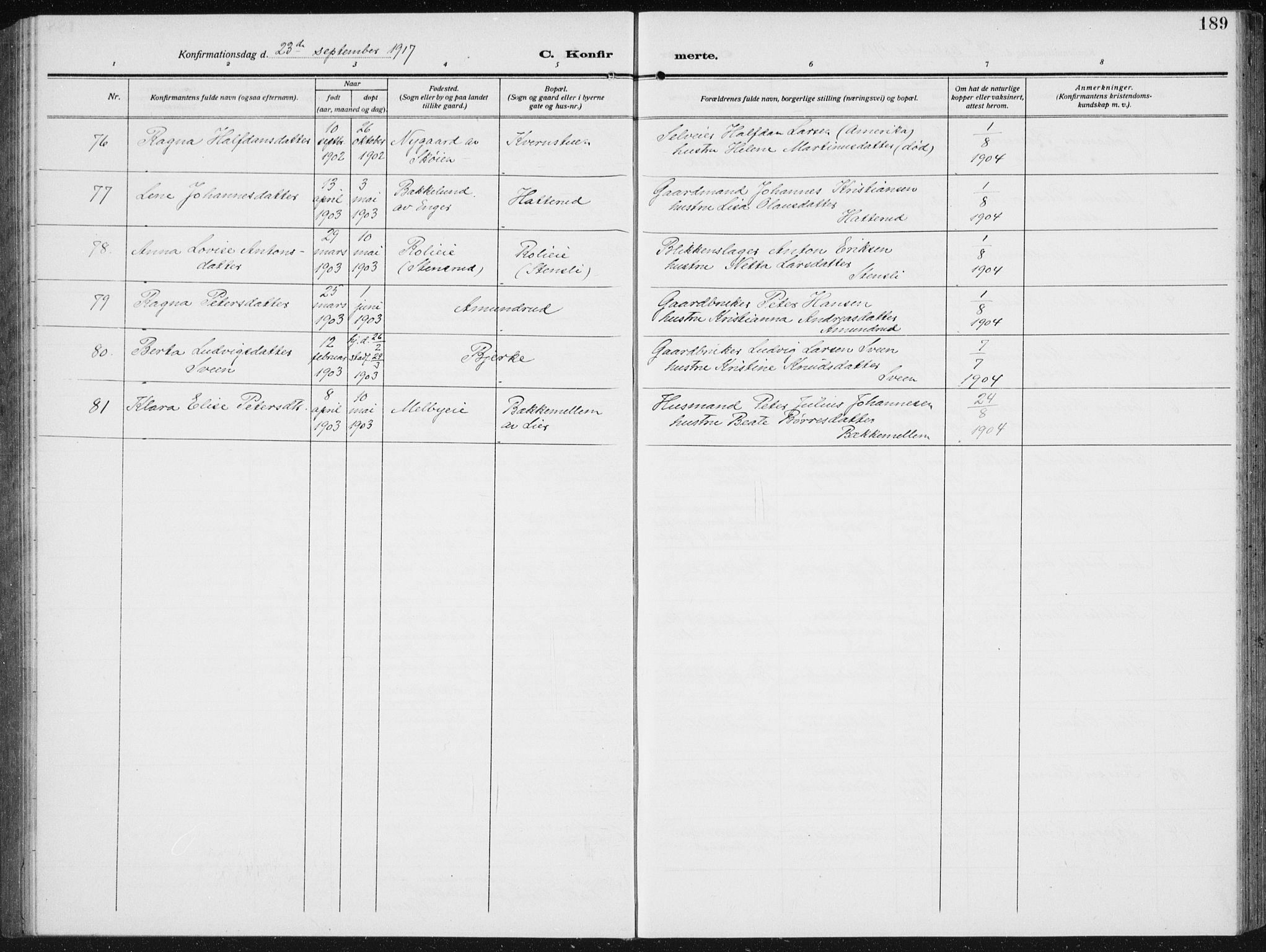 Biri prestekontor, SAH/PREST-096/H/Ha/Hab/L0006: Parish register (copy) no. 6, 1909-1938, p. 189