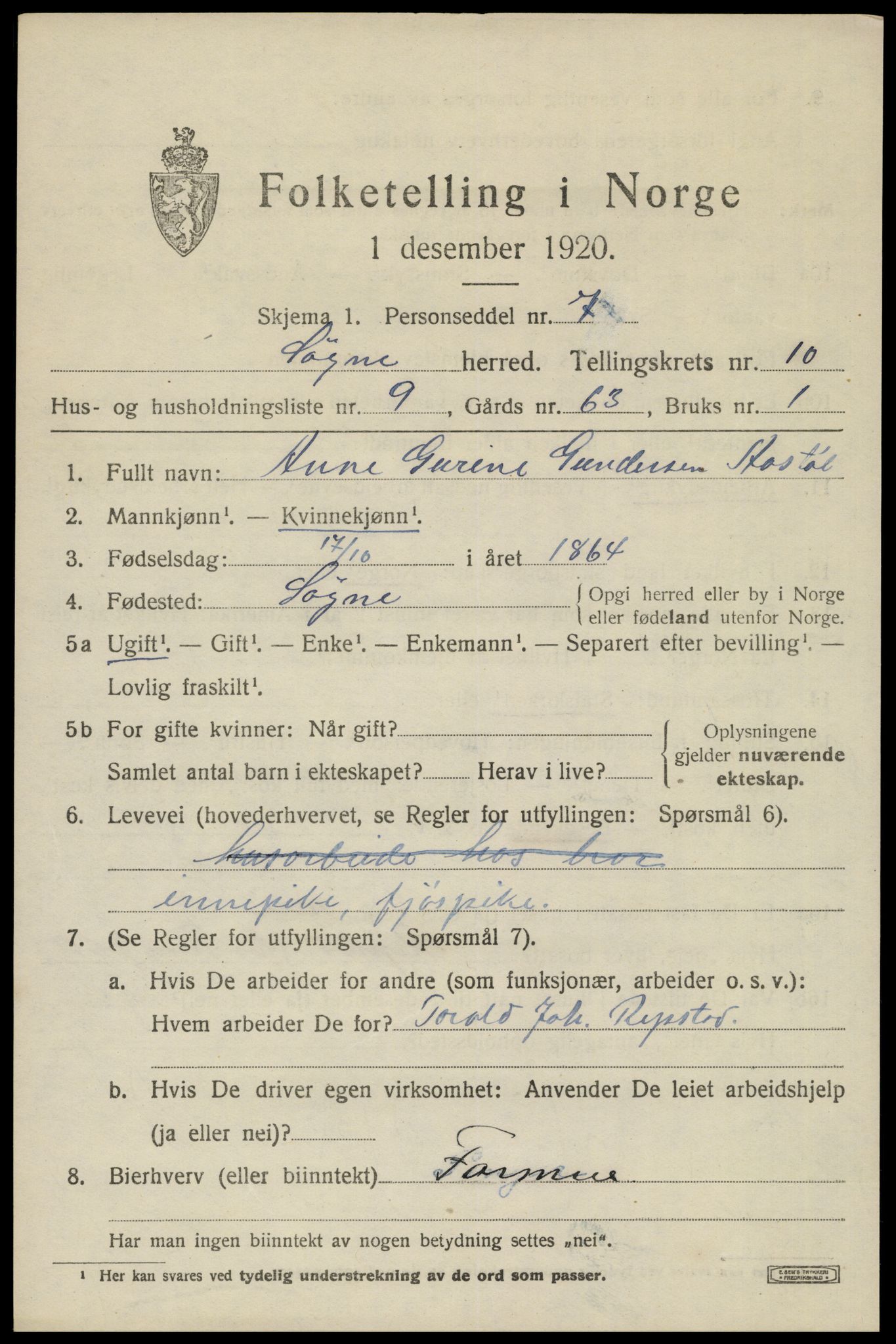 SAK, 1920 census for Søgne, 1920, p. 5503