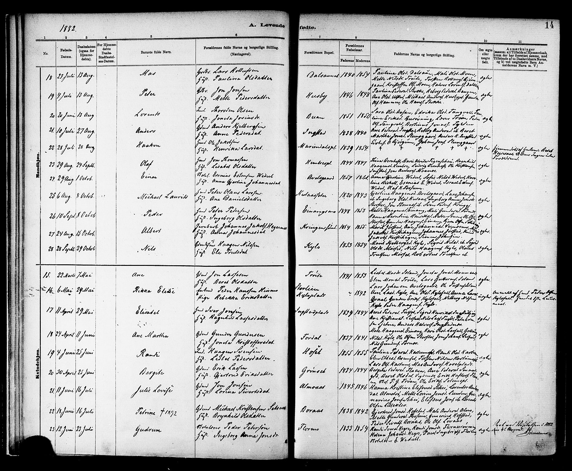 Ministerialprotokoller, klokkerbøker og fødselsregistre - Nord-Trøndelag, SAT/A-1458/703/L0030: Parish register (official) no. 703A03, 1880-1892, p. 14