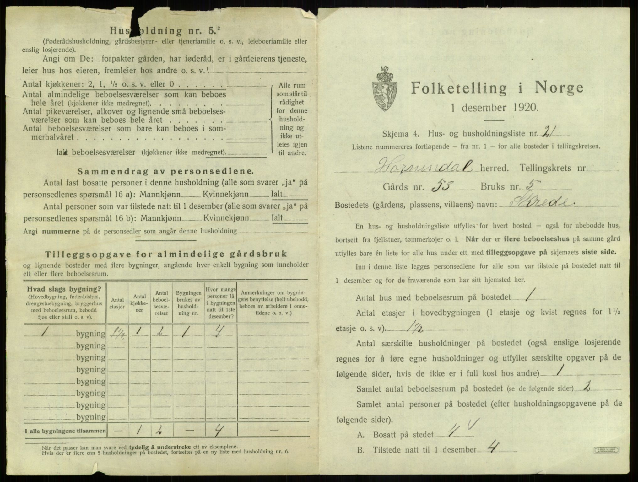 SAB, 1920 census for Hornindal, 1920, p. 513