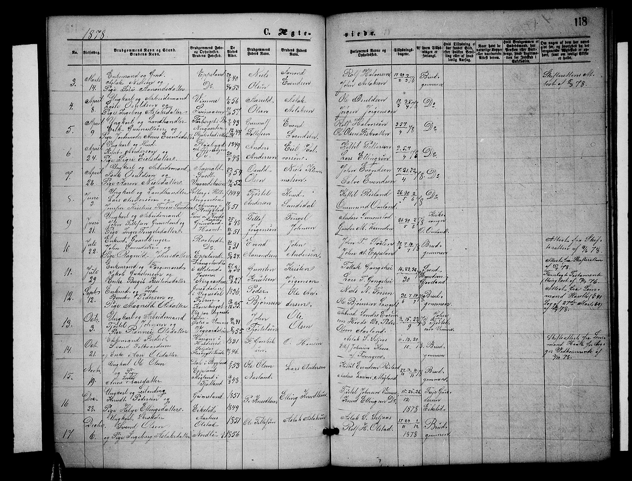 Åmli sokneprestkontor, SAK/1111-0050/F/Fb/Fbc/L0003: Parish register (copy) no. B 3, 1868-1888, p. 118