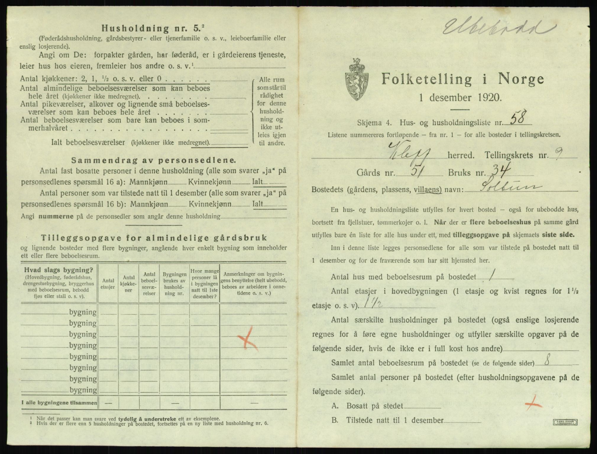 SAST, 1920 census for Klepp, 1920, p. 1180