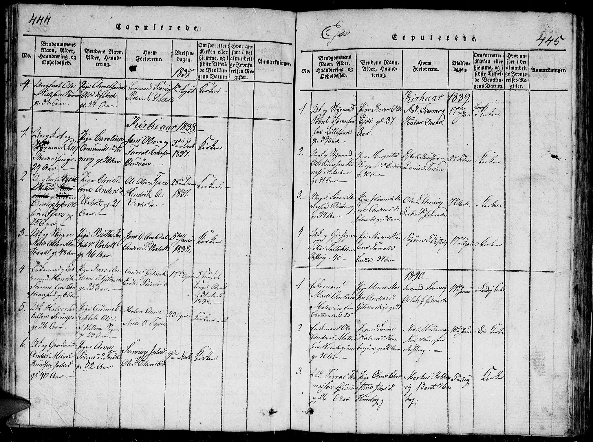 Hommedal sokneprestkontor, SAK/1111-0023/F/Fb/Fbb/L0003: Parish register (copy) no. B 3 /2, 1816-1850, p. 444-445