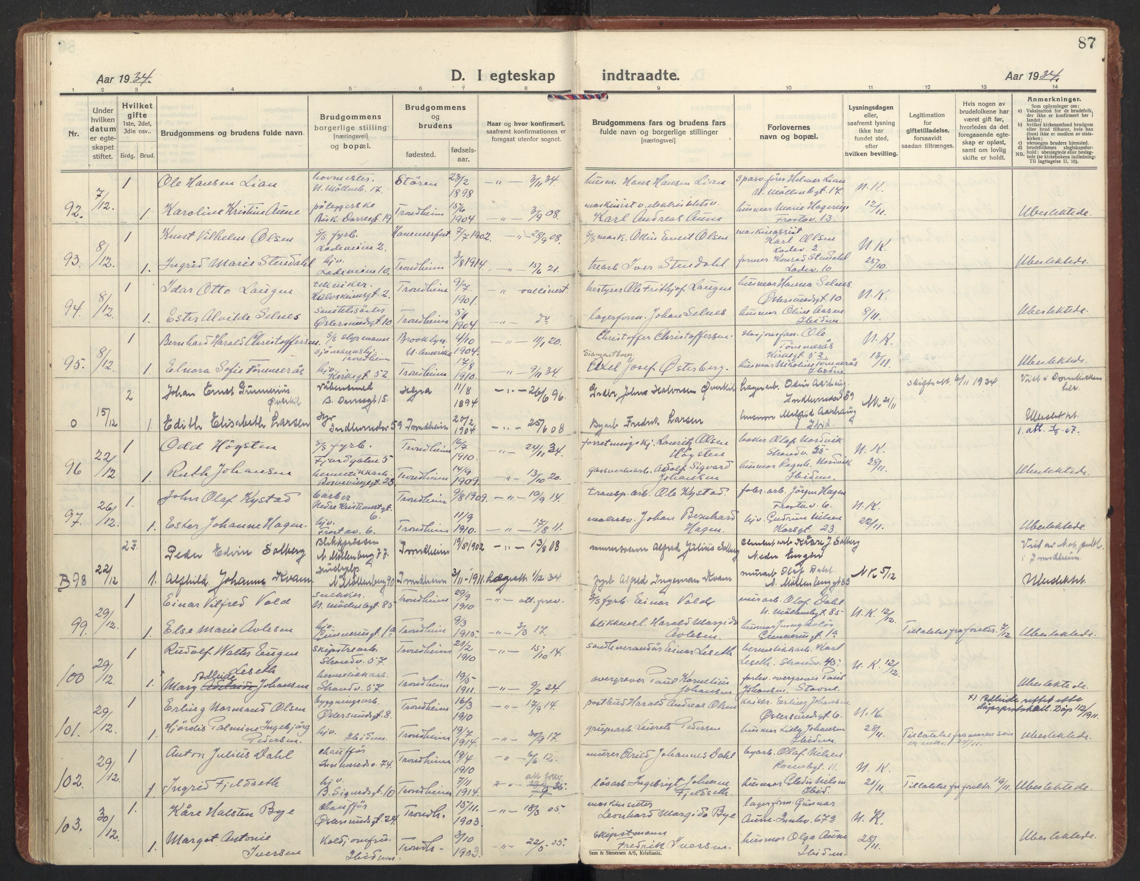 Ministerialprotokoller, klokkerbøker og fødselsregistre - Sør-Trøndelag, SAT/A-1456/605/L0249: Parish register (official) no. 605A11, 1925-1936, p. 87