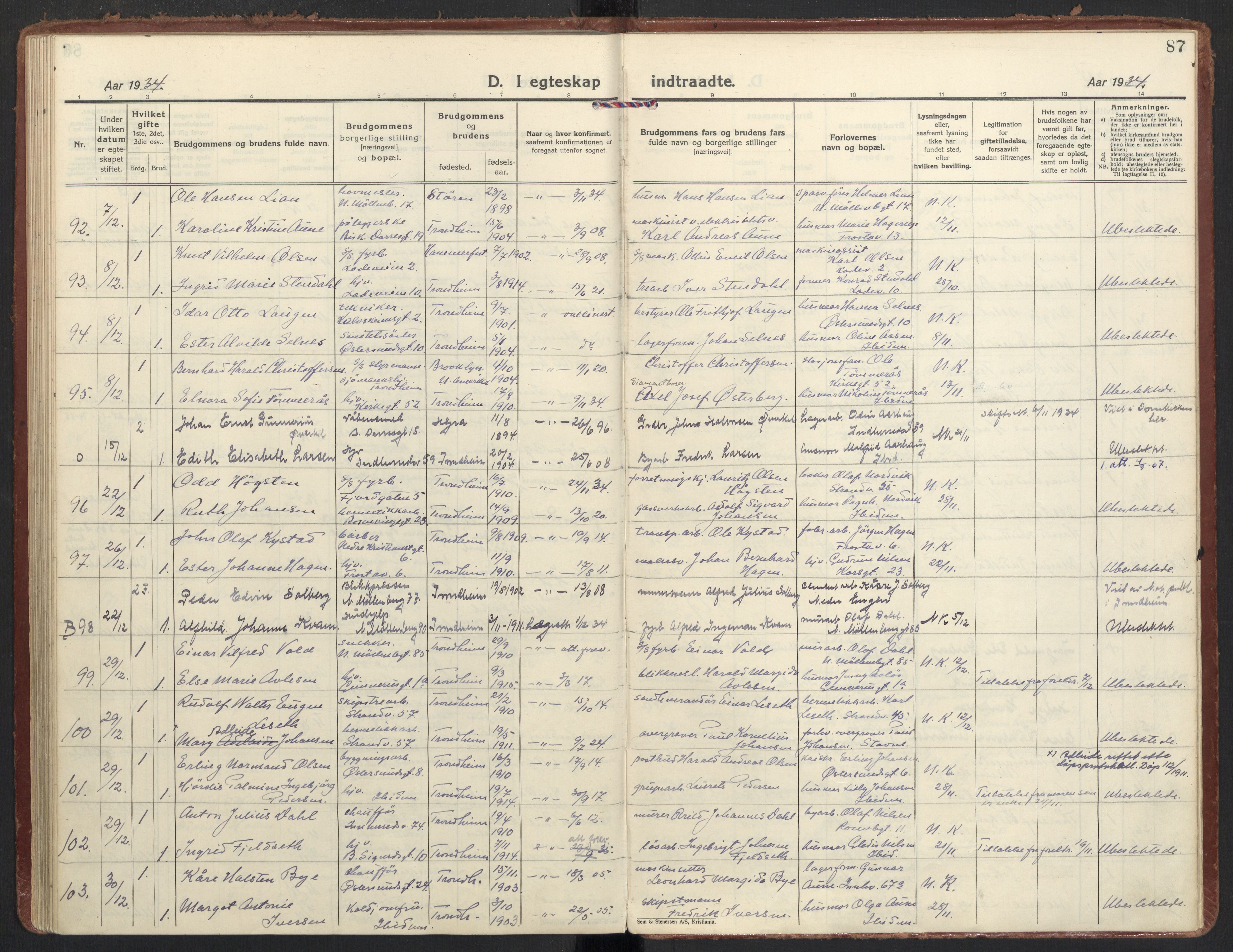 Ministerialprotokoller, klokkerbøker og fødselsregistre - Sør-Trøndelag, AV/SAT-A-1456/605/L0249: Parish register (official) no. 605A11, 1925-1936, p. 87