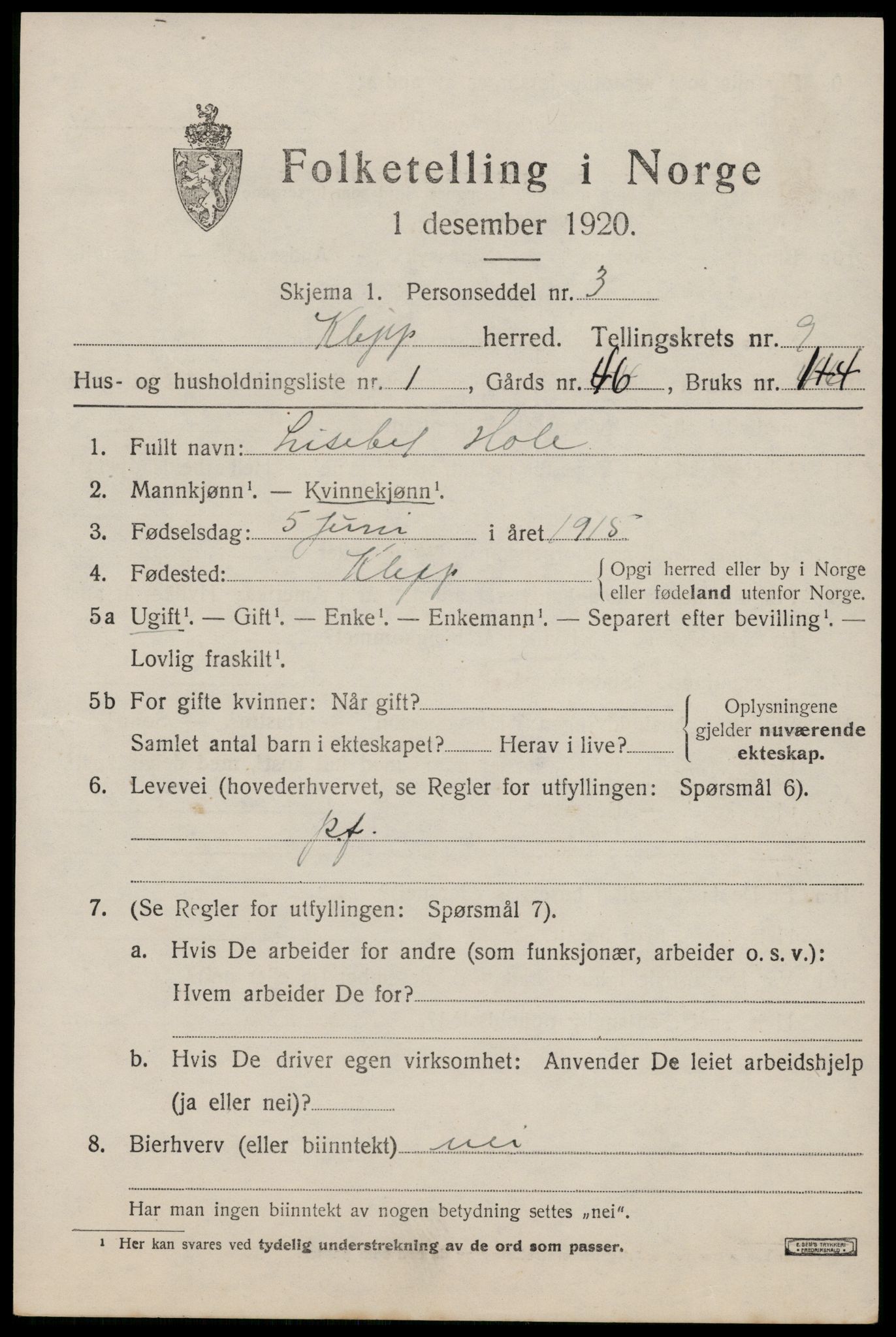 SAST, 1920 census for Klepp, 1920, p. 7560