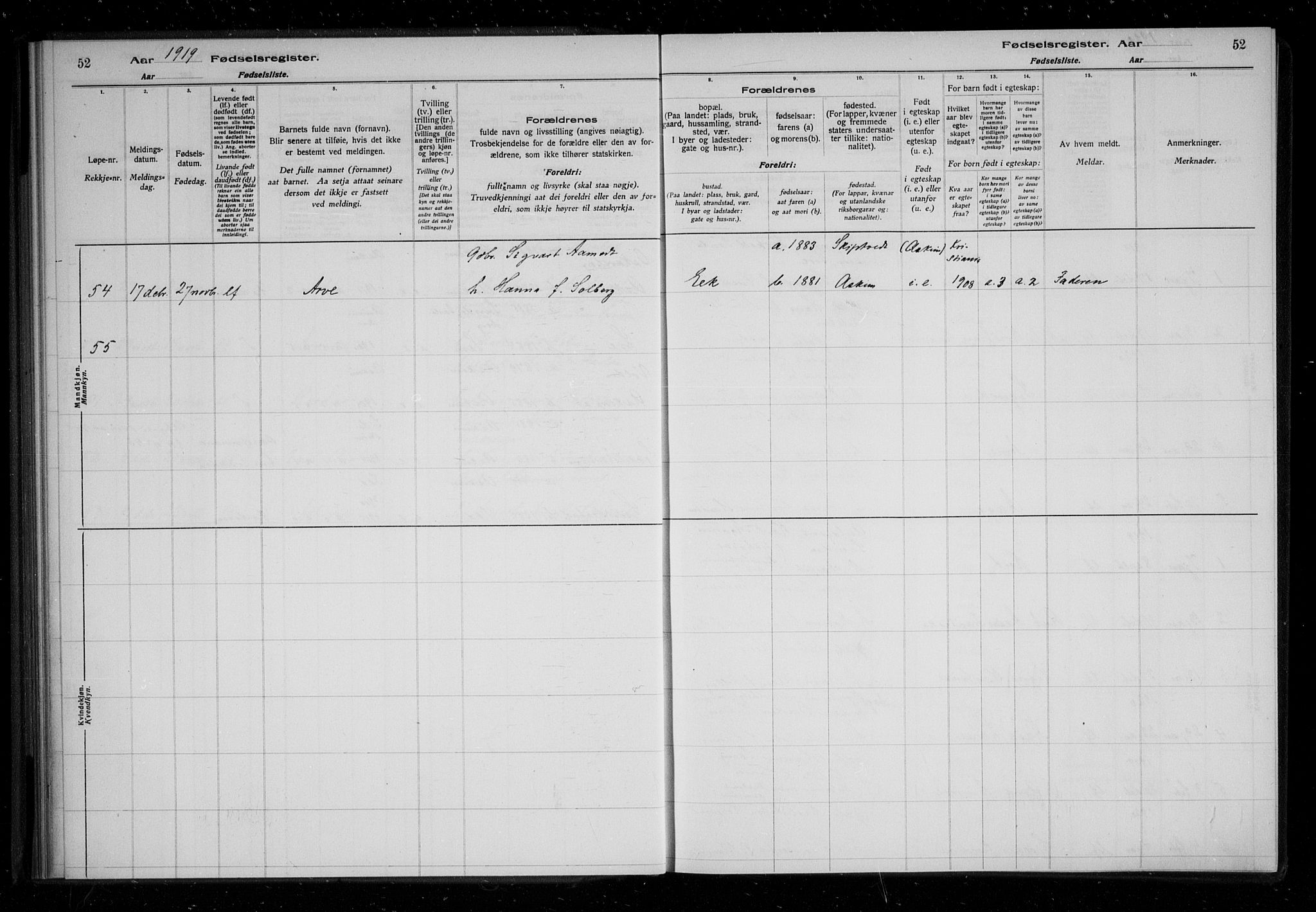 Askim prestekontor Kirkebøker, SAO/A-10900/J/Ja/L0001: Birth register no. 1, 1916-1929, p. 52