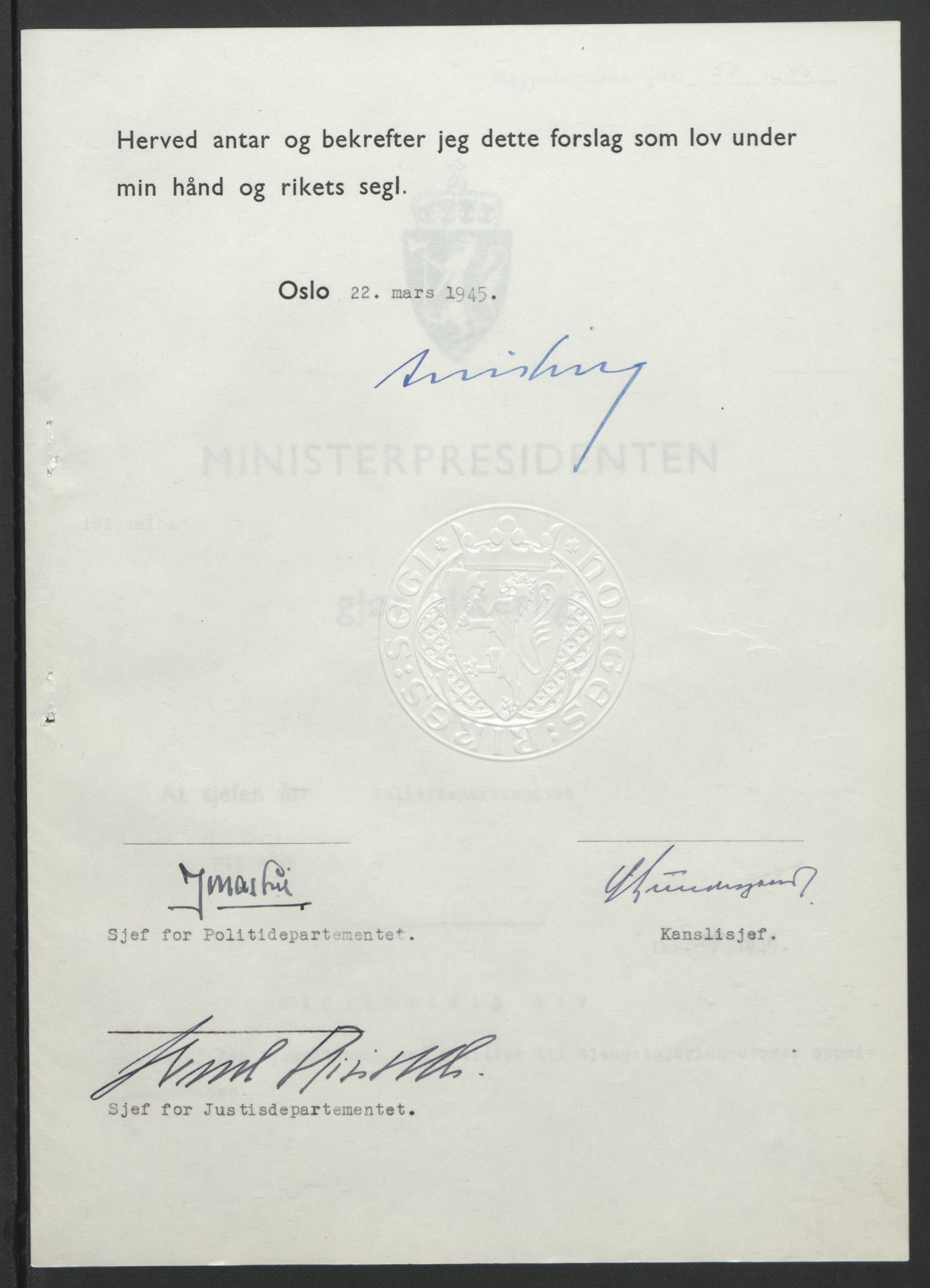 NS-administrasjonen 1940-1945 (Statsrådsekretariatet, de kommisariske statsråder mm), AV/RA-S-4279/D/Db/L0101/0001: -- / Lover og vedtak, 1945, p. 124