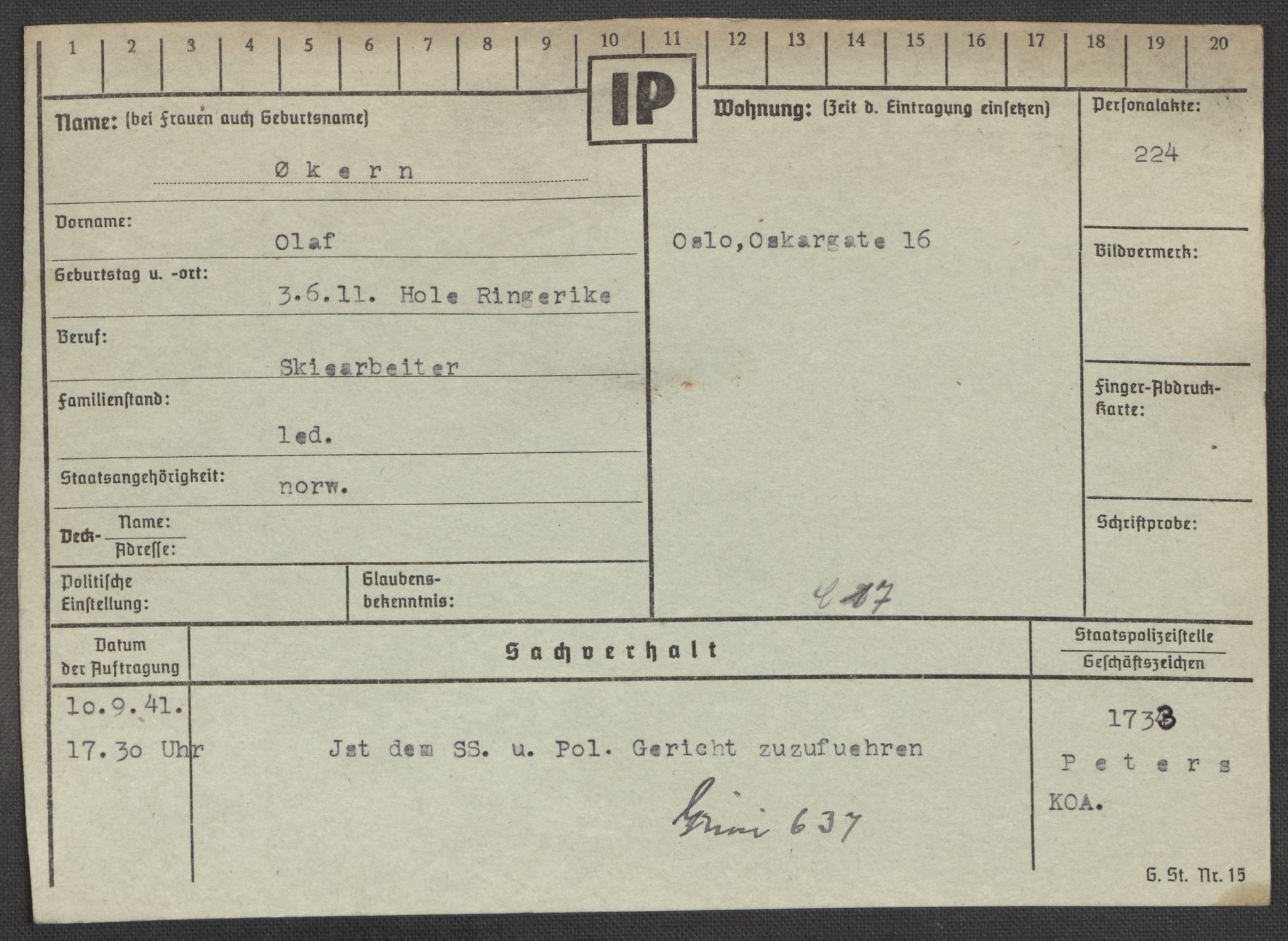 Befehlshaber der Sicherheitspolizei und des SD, AV/RA-RAFA-5969/E/Ea/Eaa/L0010: Register over norske fanger i Møllergata 19: Sø-Å, 1940-1945, p. 1250