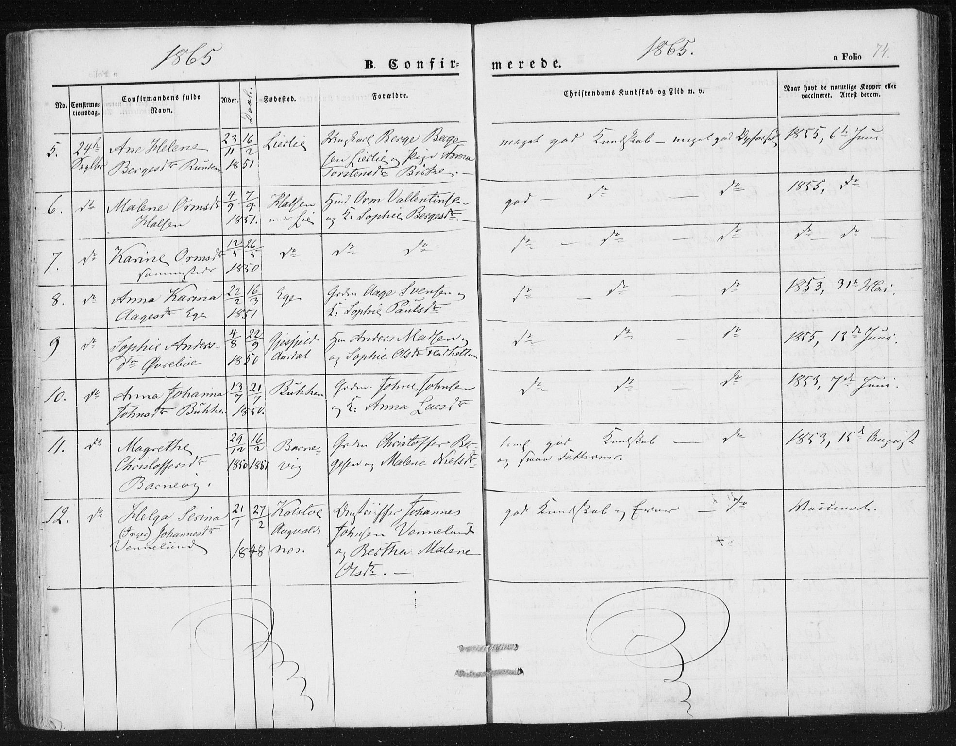 Hjelmeland sokneprestkontor, AV/SAST-A-101843/01/IV/L0010: Parish register (official) no. A 10, 1851-1871, p. 74