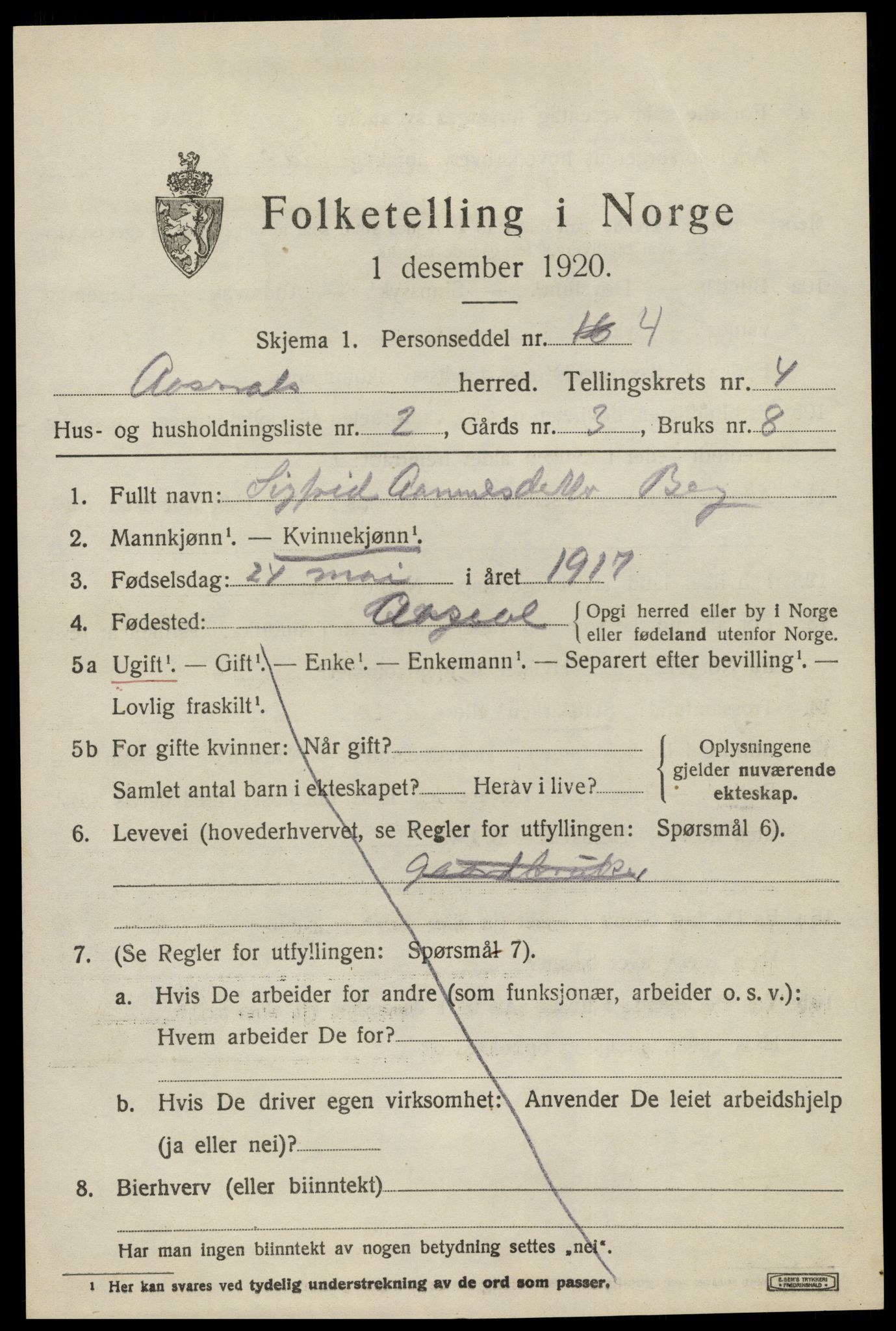 SAK, 1920 census for Åseral, 1920, p. 1218