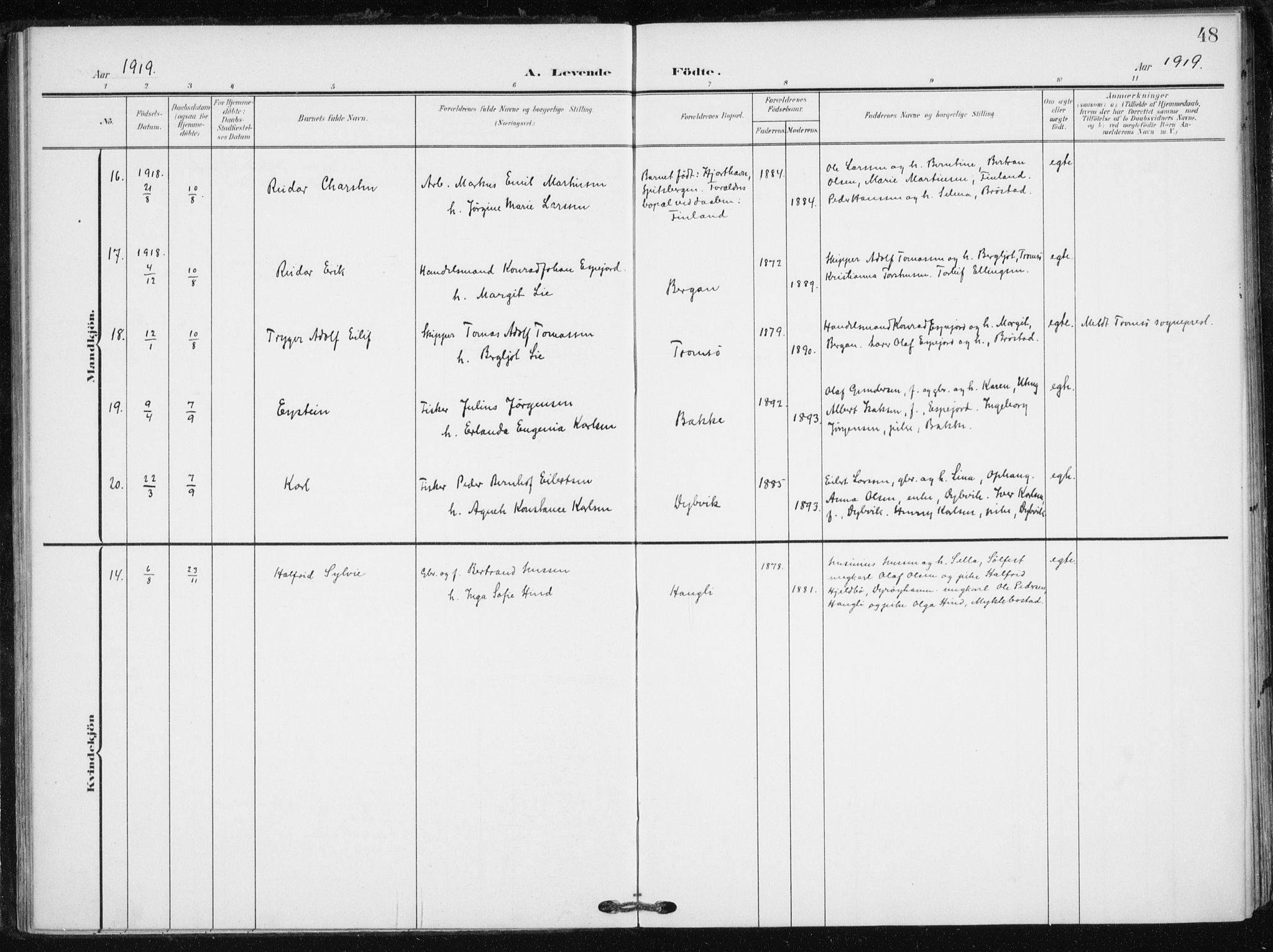 Tranøy sokneprestkontor, AV/SATØ-S-1313/I/Ia/Iaa/L0013kirke: Parish register (official) no. 13, 1905-1922, p. 48