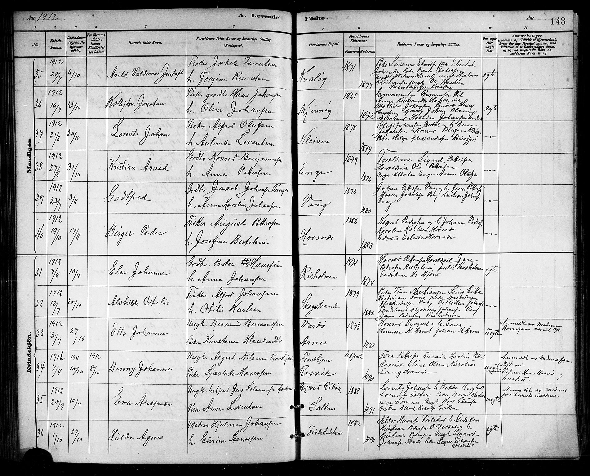 Ministerialprotokoller, klokkerbøker og fødselsregistre - Nordland, SAT/A-1459/812/L0188: Parish register (copy) no. 812C06, 1884-1912, p. 143