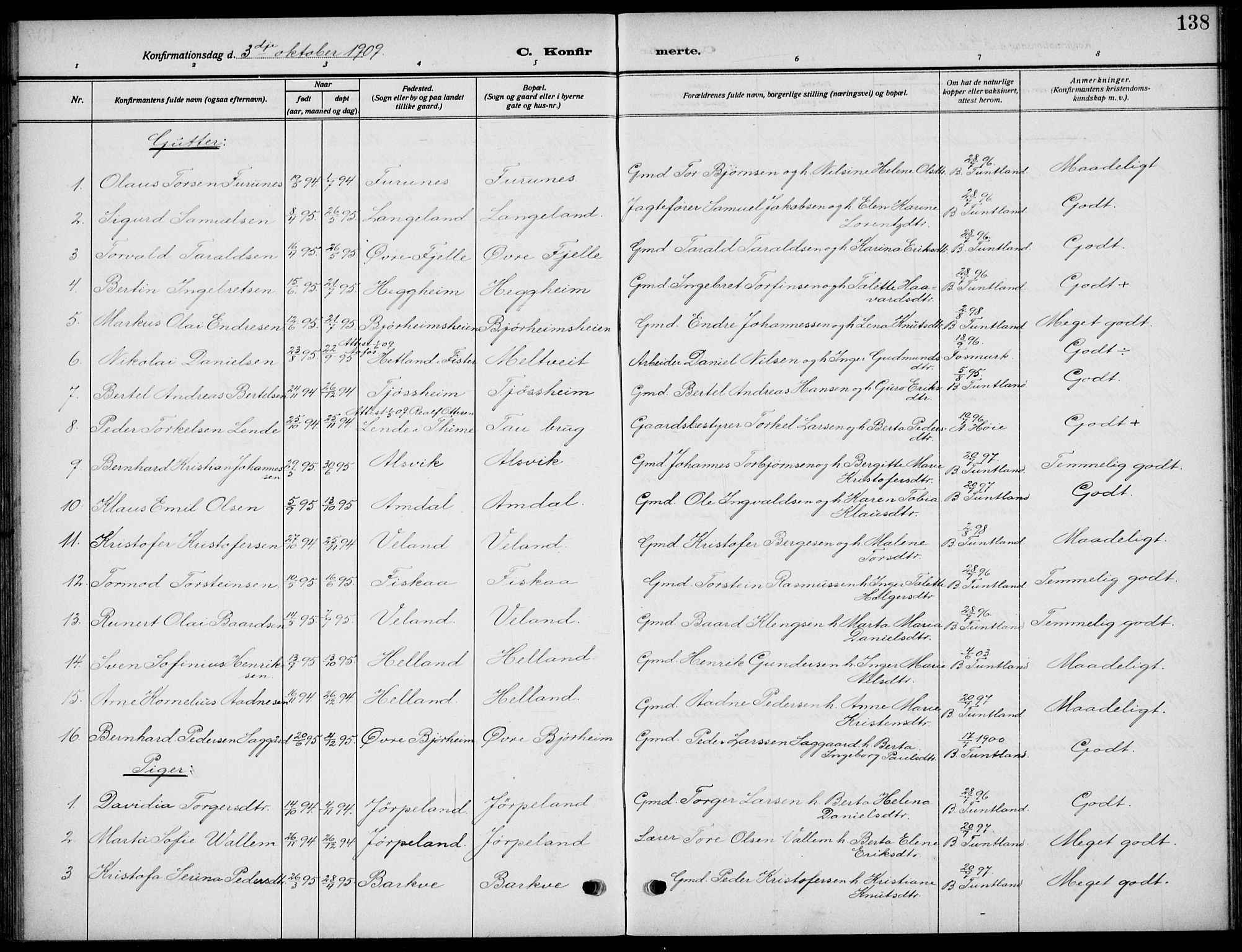 Strand sokneprestkontor, AV/SAST-A-101828/H/Ha/Haa/L0011: Parish register (official) no. A 11, 1908-1930, p. 138