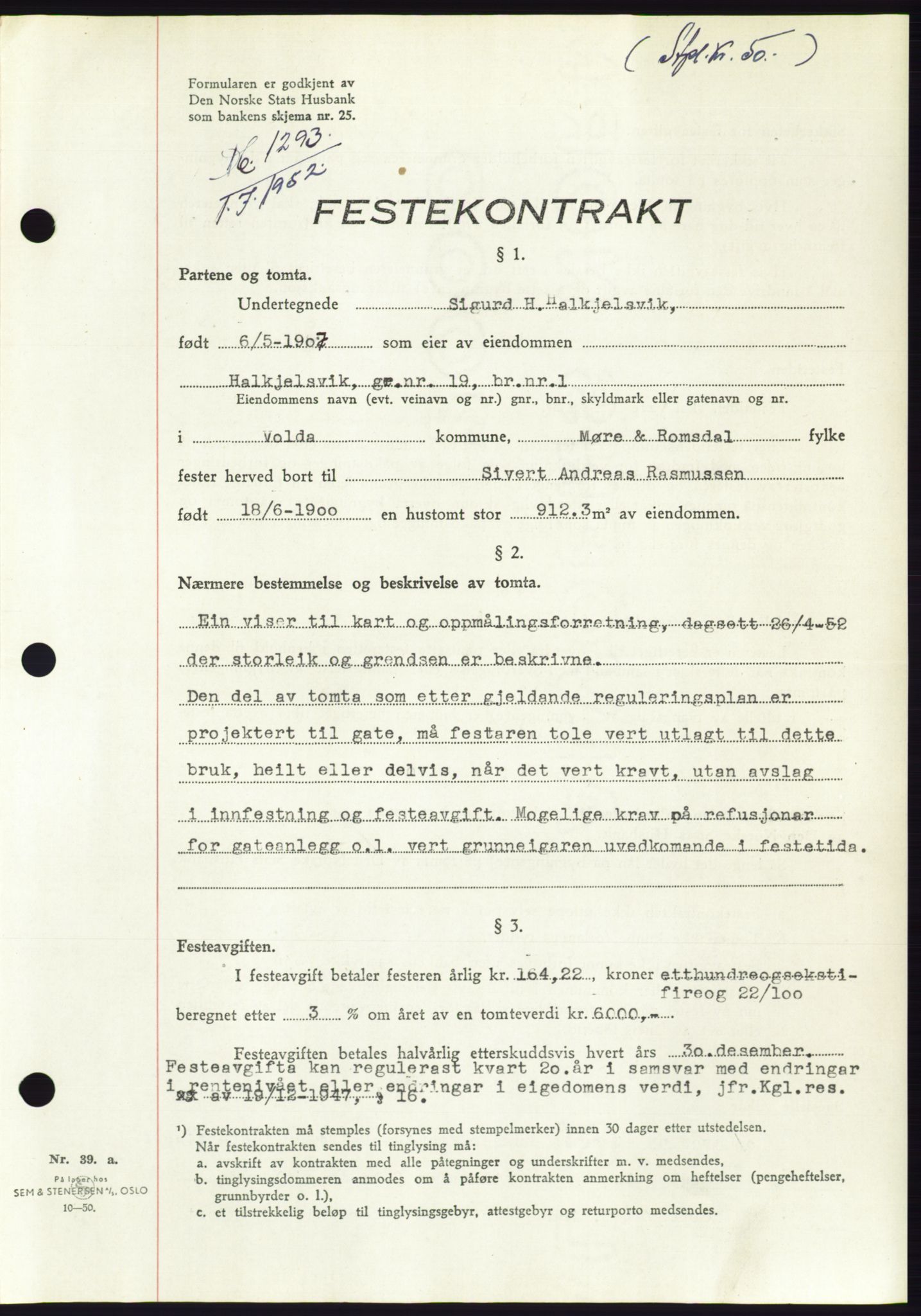 Søre Sunnmøre sorenskriveri, AV/SAT-A-4122/1/2/2C/L0092: Mortgage book no. 18A, 1952-1952, Diary no: : 1293/1952