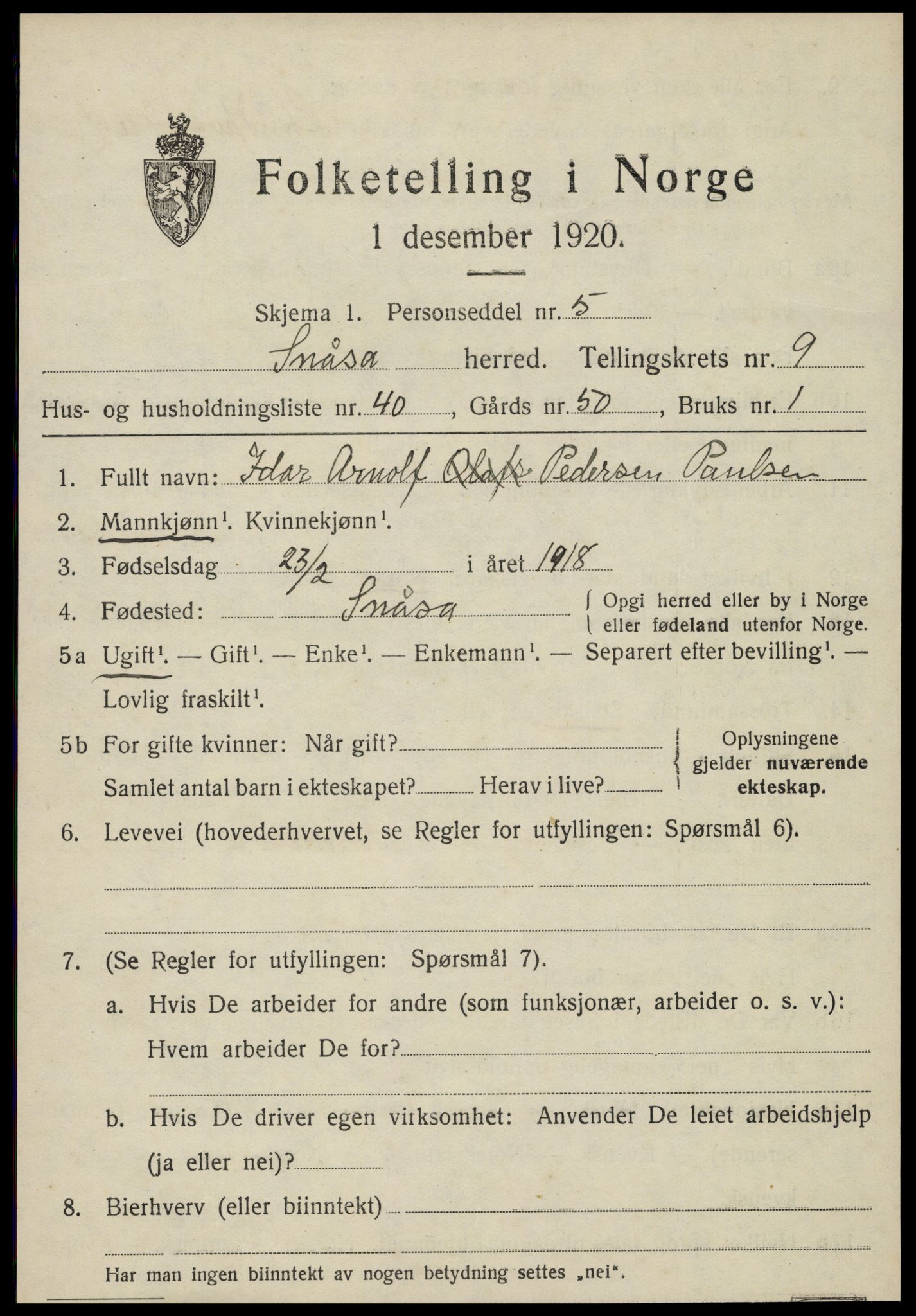 SAT, 1920 census for Snåsa, 1920, p. 4128