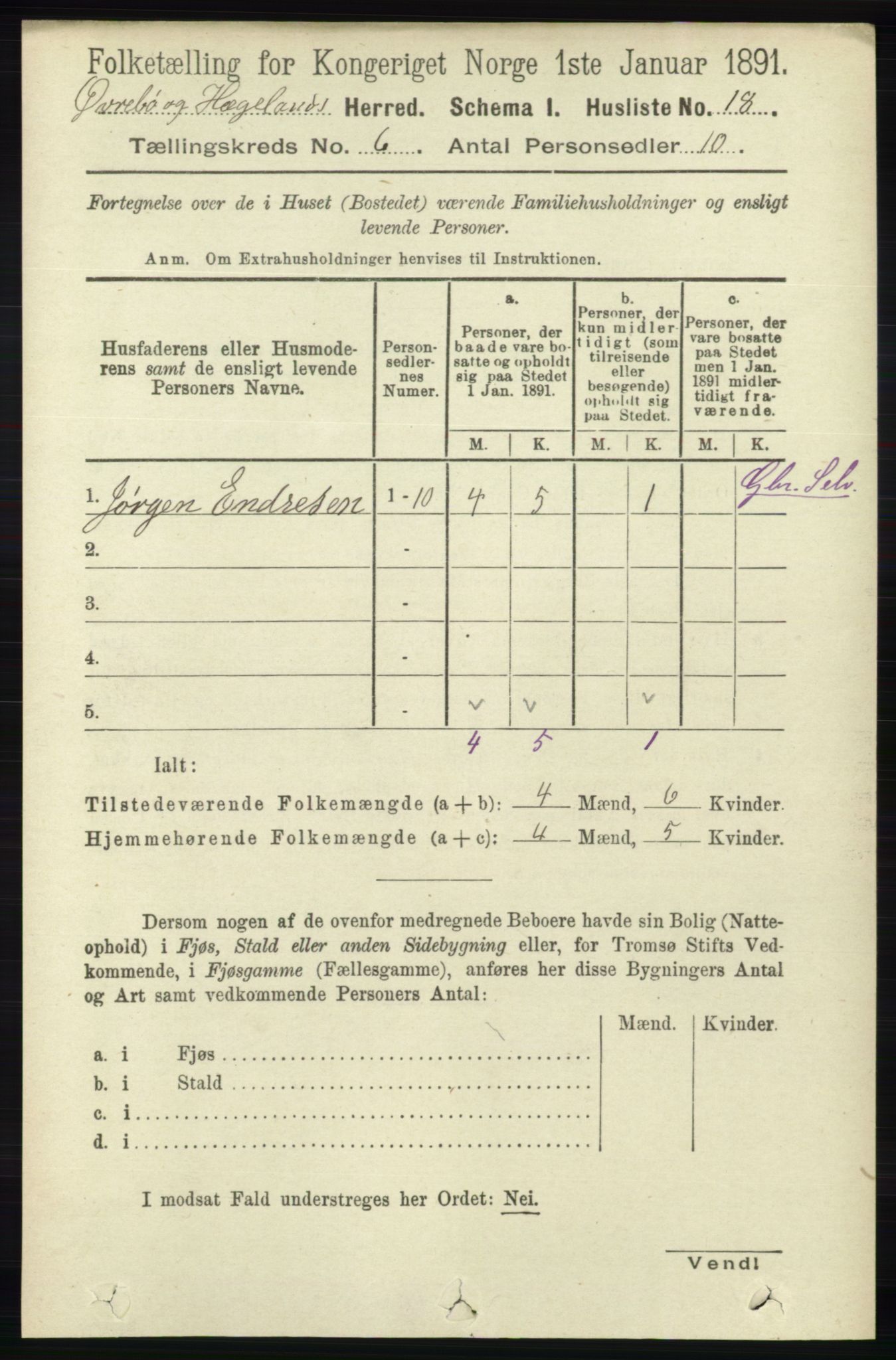 RA, 1891 census for 1016 Øvrebø og Hægeland, 1891, p. 1164