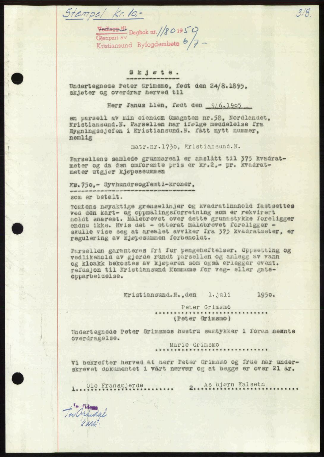 Kristiansund byfogd, AV/SAT-A-4587/A/27: Mortgage book no. 46, 1949-1950, Diary no: : 1180/1950