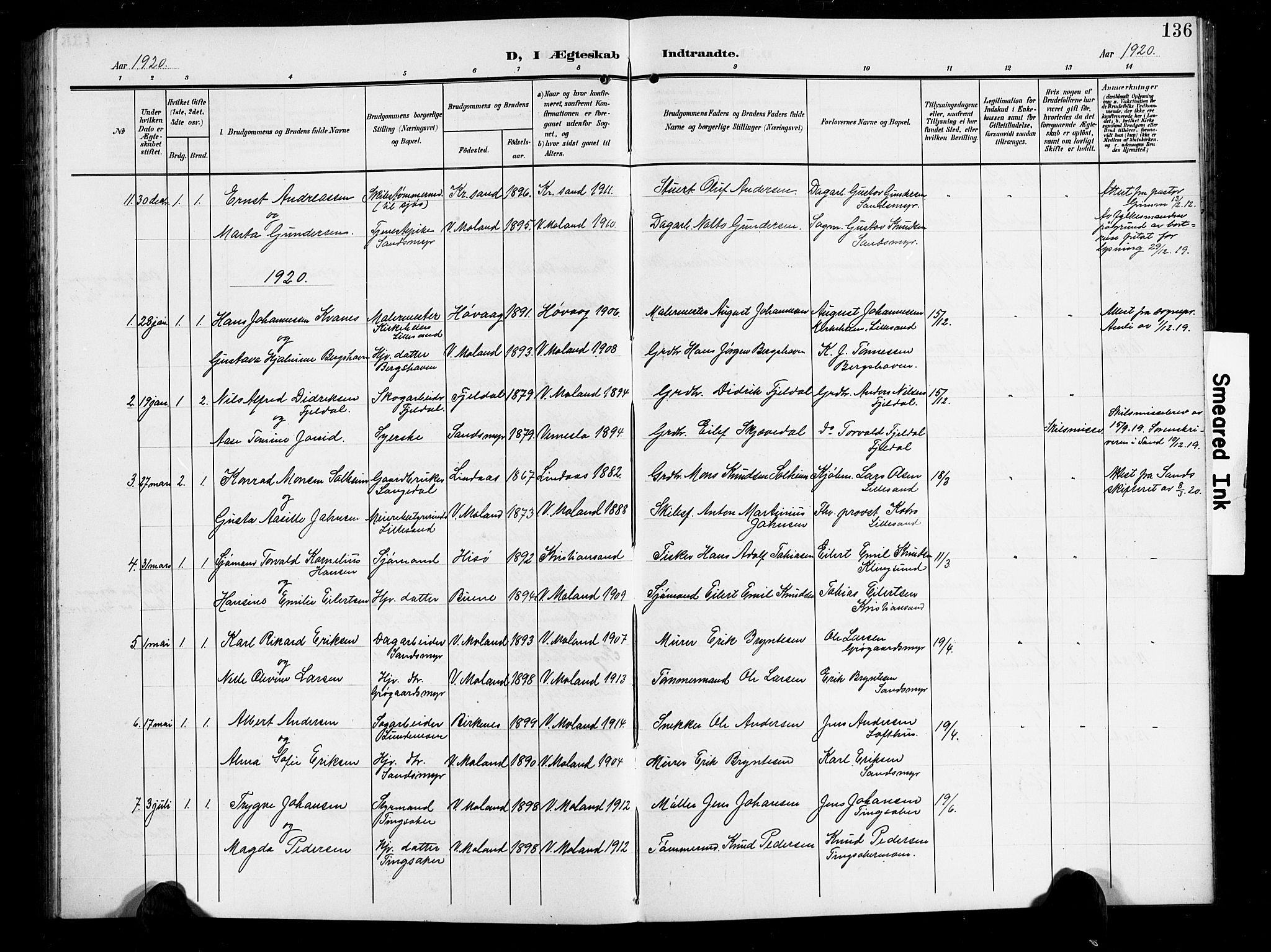 Vestre Moland sokneprestkontor, SAK/1111-0046/F/Fb/Fbb/L0007: Parish register (copy) no. B 7, 1906-1929, p. 136