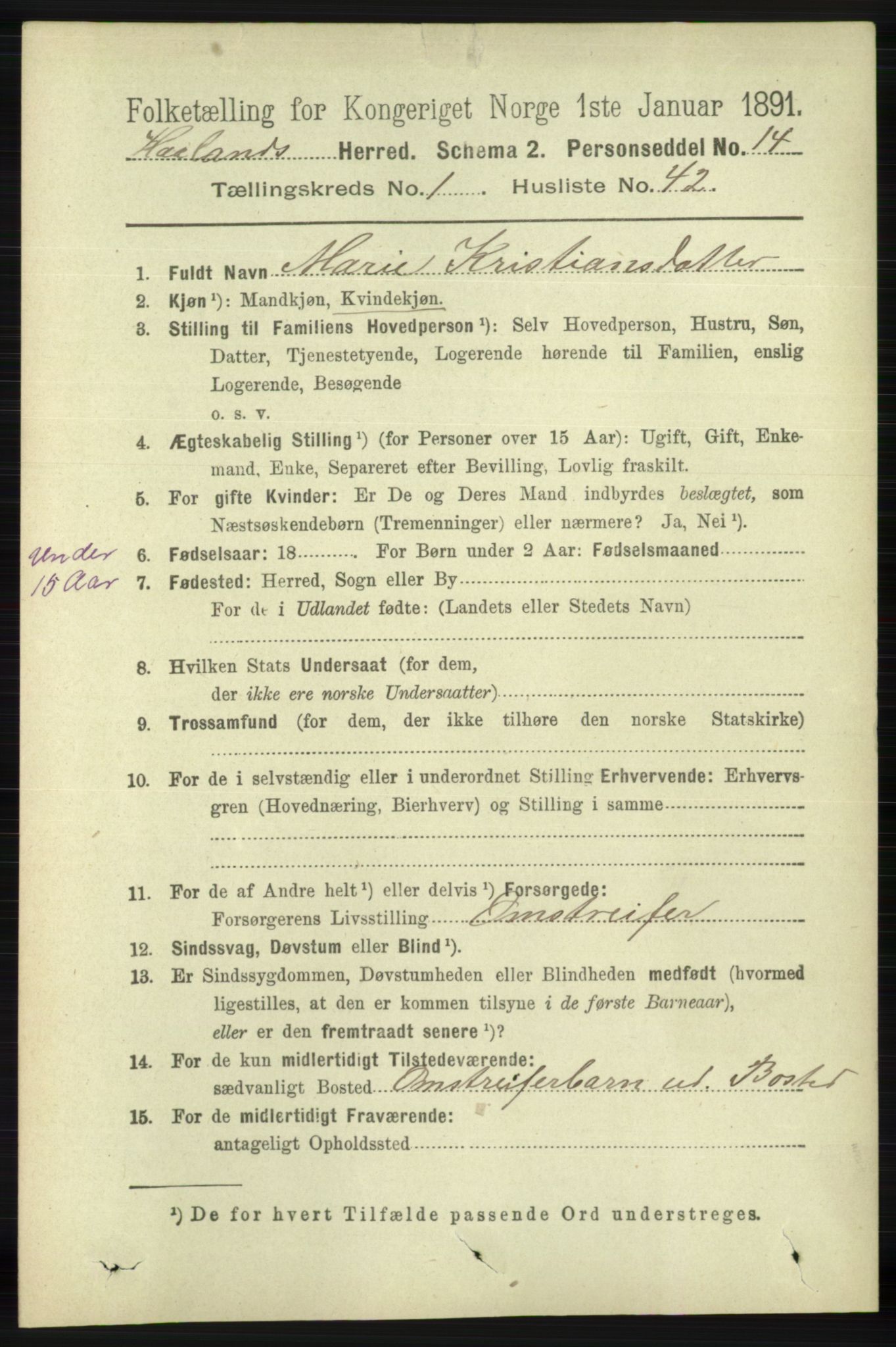 RA, 1891 census for 1124 Haaland, 1891, p. 431