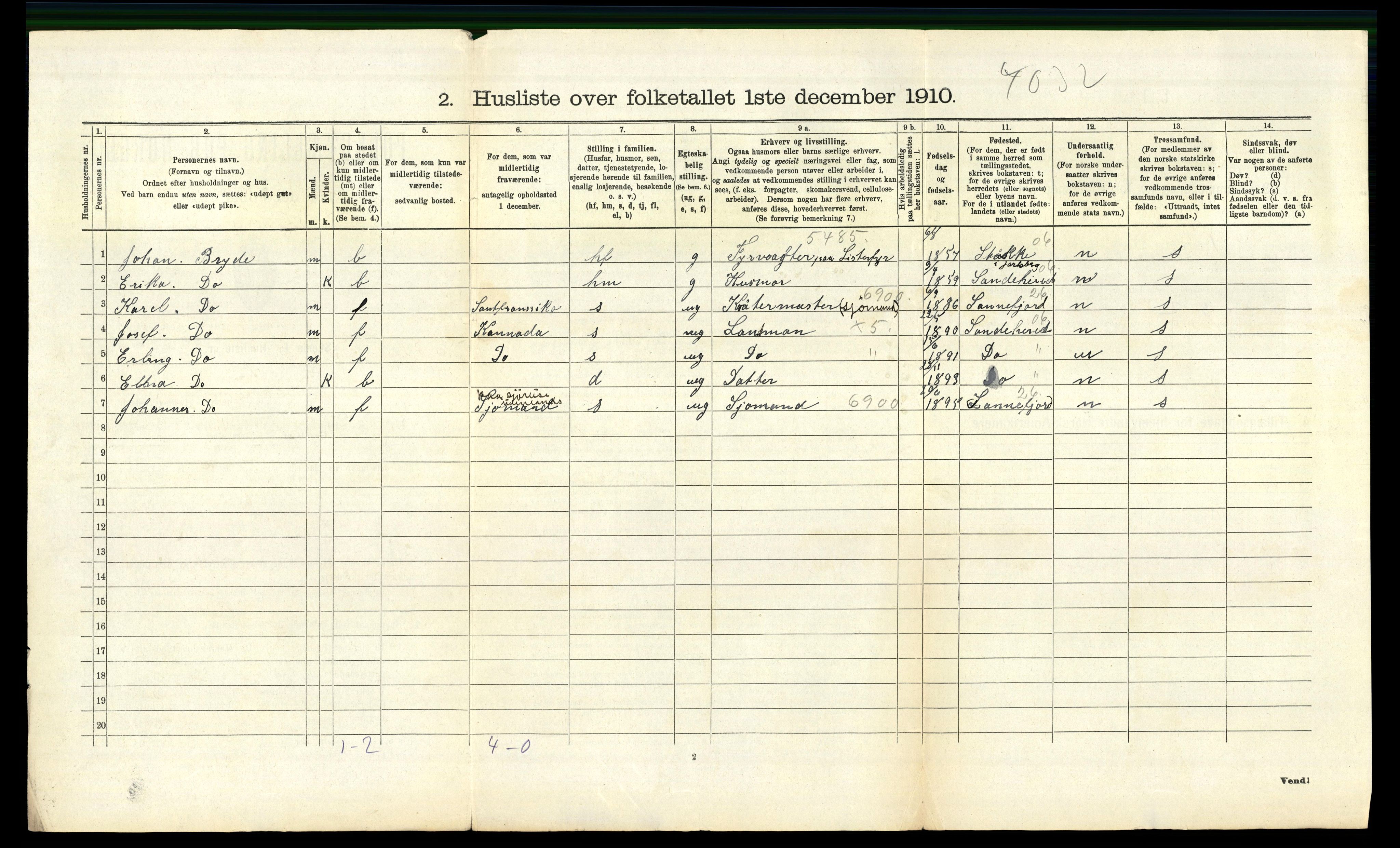 RA, 1910 census for Vanse, 1910, p. 1866