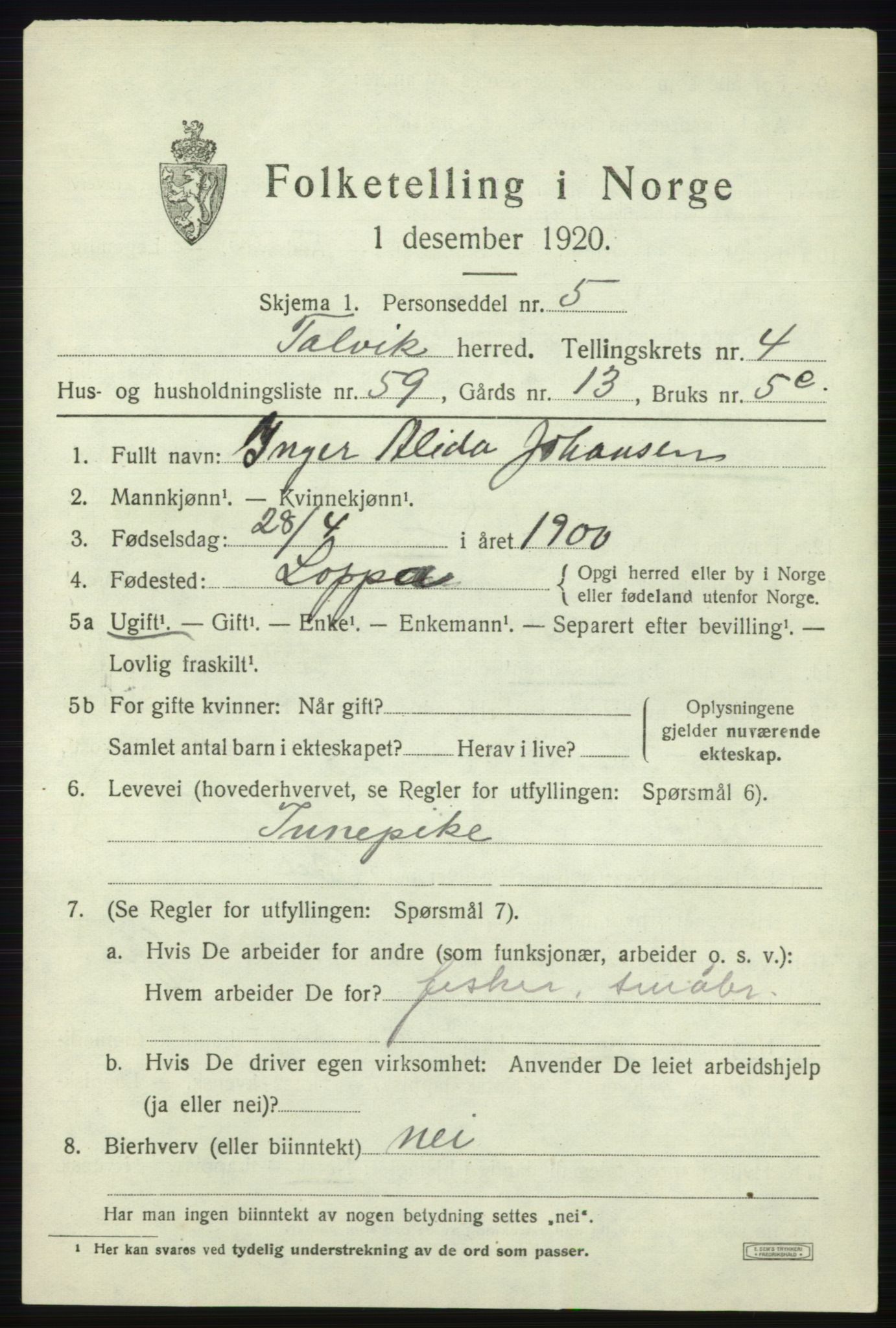 SATØ, 1920 census for Talvik, 1920, p. 3262