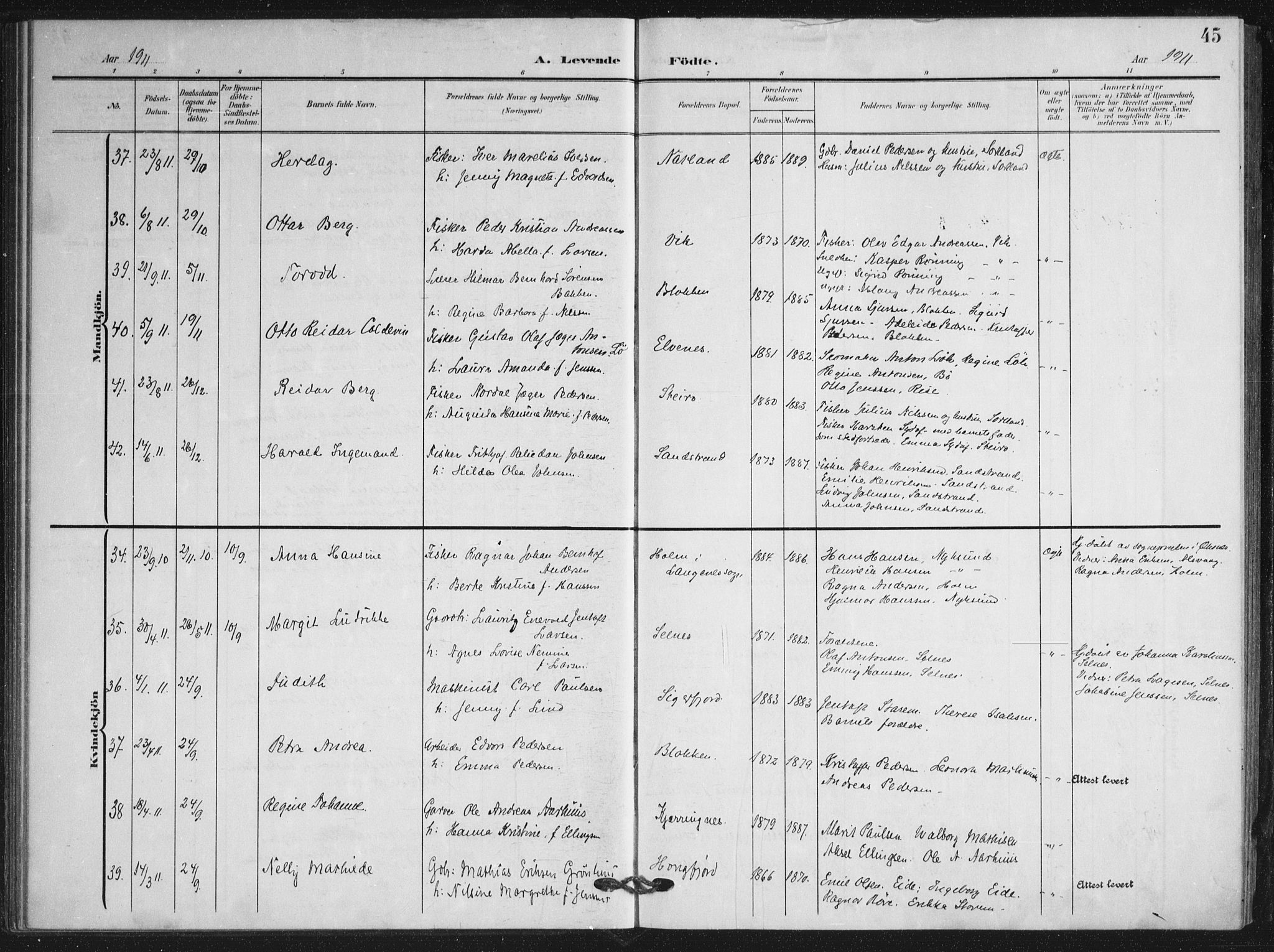 Ministerialprotokoller, klokkerbøker og fødselsregistre - Nordland, AV/SAT-A-1459/895/L1373: Parish register (official) no. 895A08, 1905-1915, p. 45