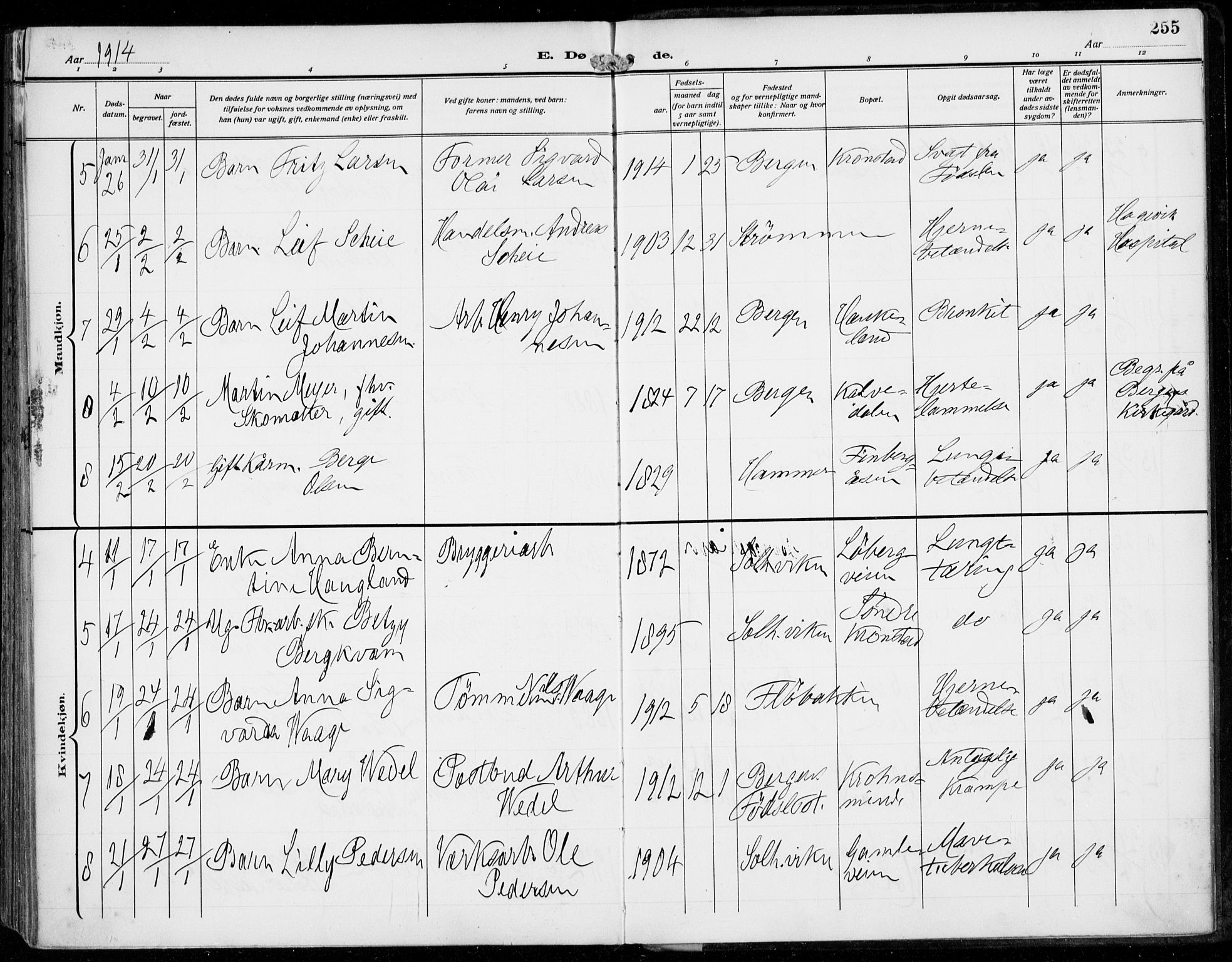 Årstad Sokneprestembete, AV/SAB-A-79301/H/Haa/L0009: Parish register (official) no. C 1, 1902-1918, p. 255