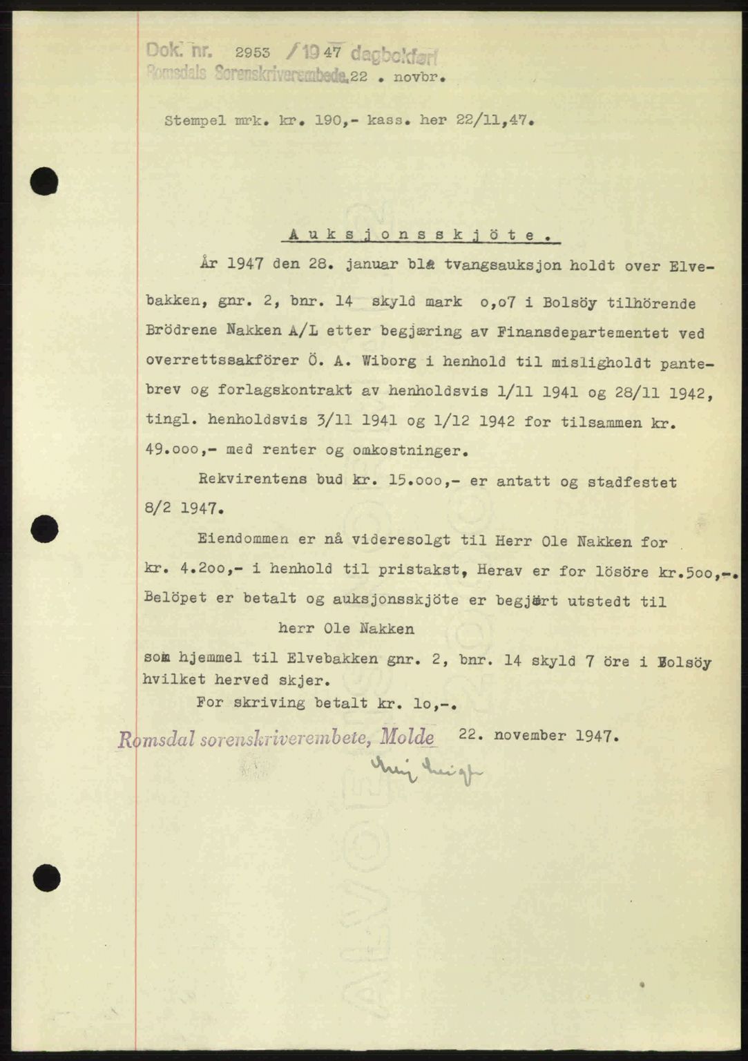 Romsdal sorenskriveri, SAT/A-4149/1/2/2C: Mortgage book no. A24, 1947-1947, Diary no: : 2953/1947