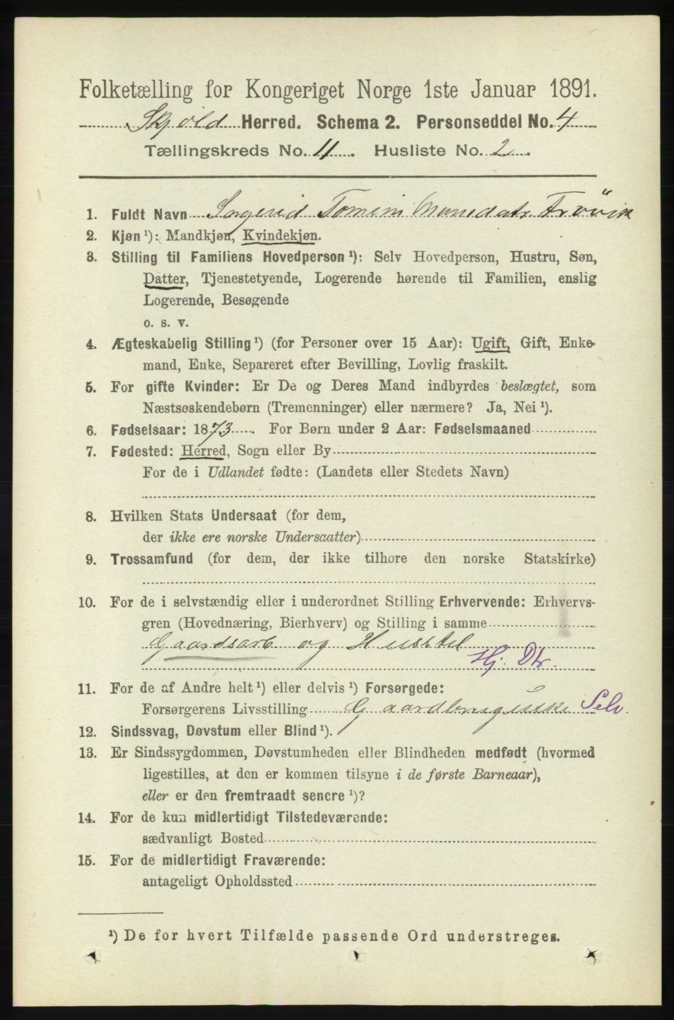 RA, 1891 census for 1154 Skjold, 1891, p. 2078