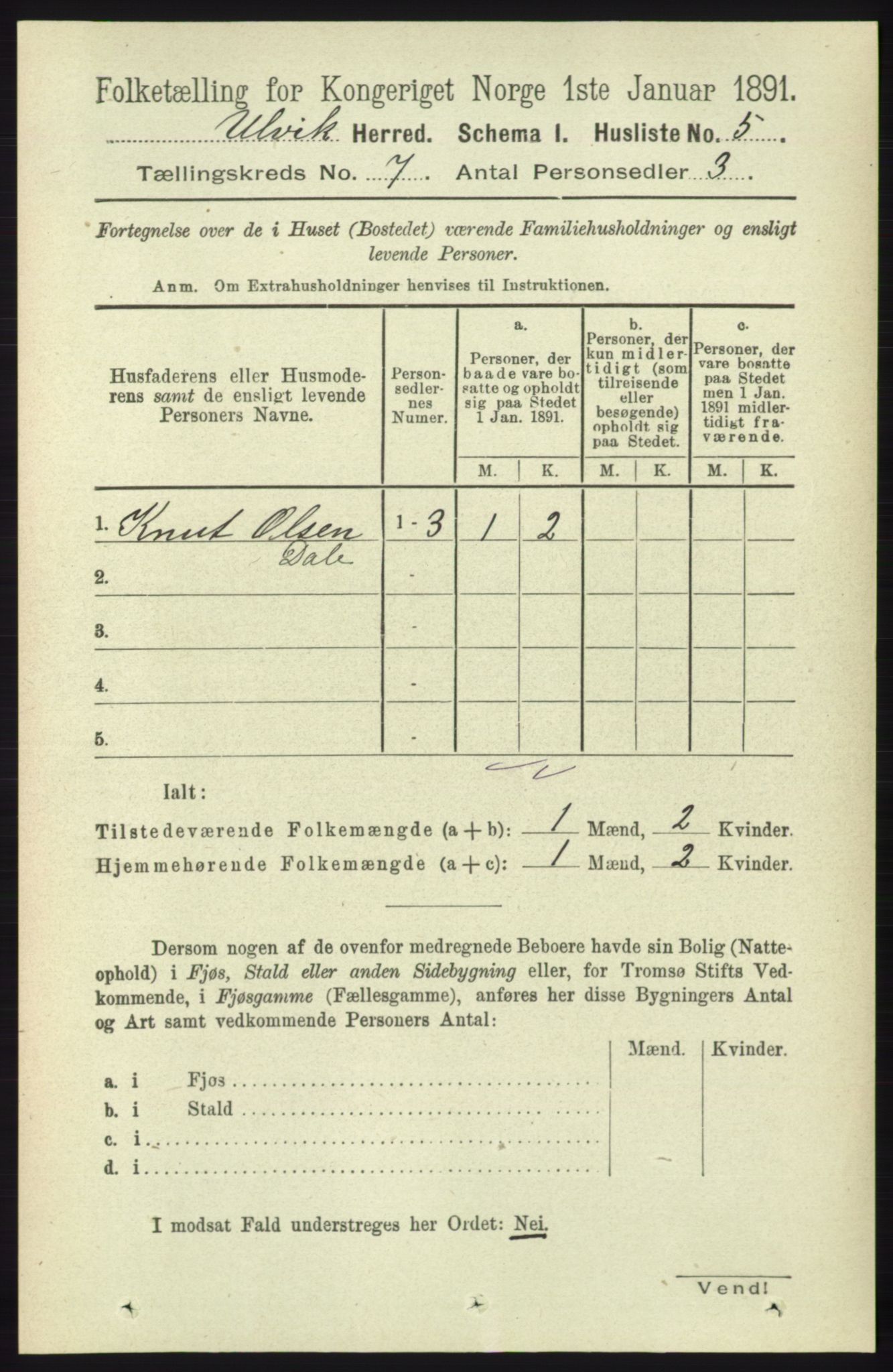 RA, 1891 census for 1233 Ulvik, 1891, p. 2229