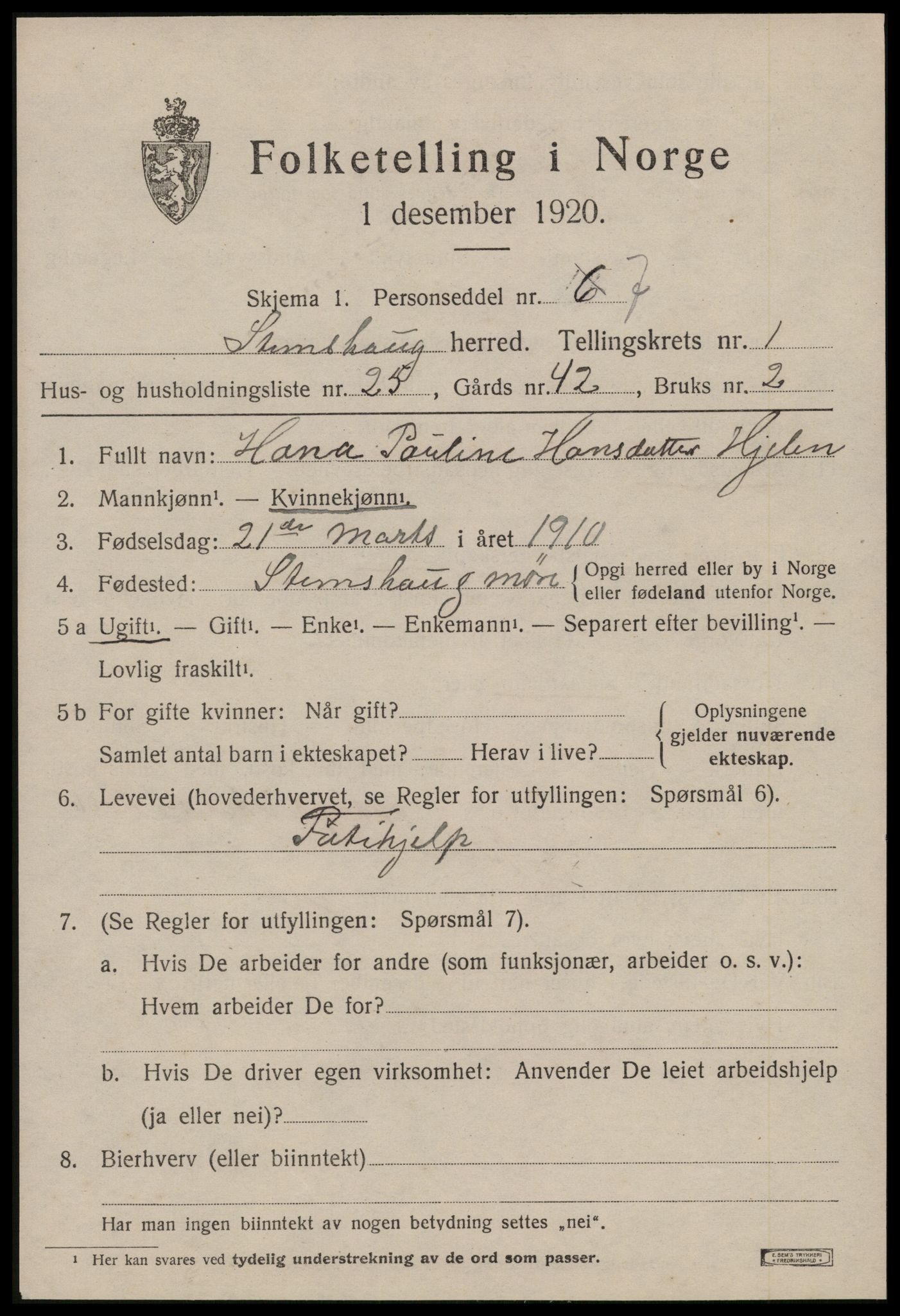 SAT, 1920 census for Stemshaug, 1920, p. 650