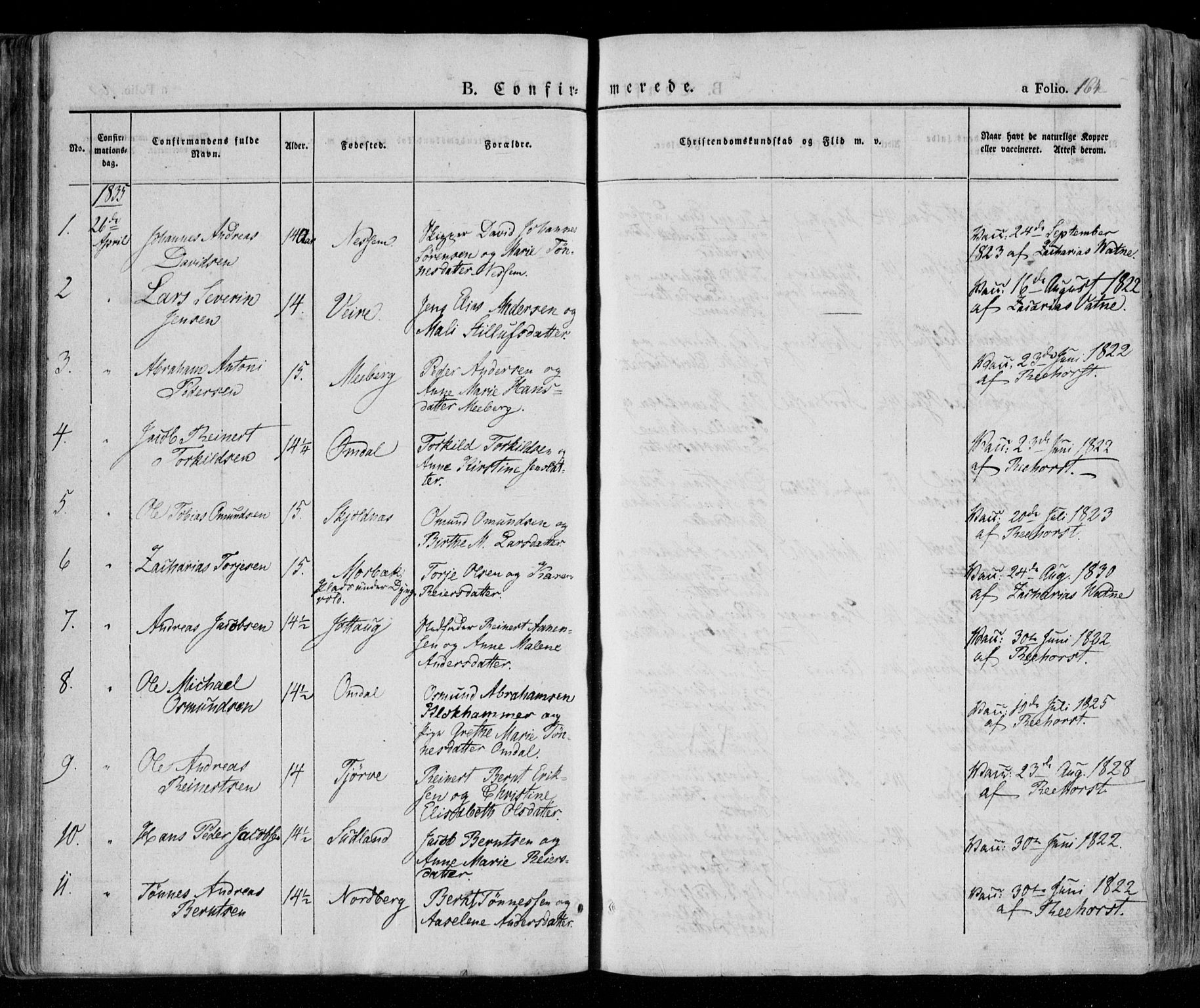 Lista sokneprestkontor, SAK/1111-0027/F/Fa/L0009: Parish register (official) no. A 9, 1835-1846, p. 164