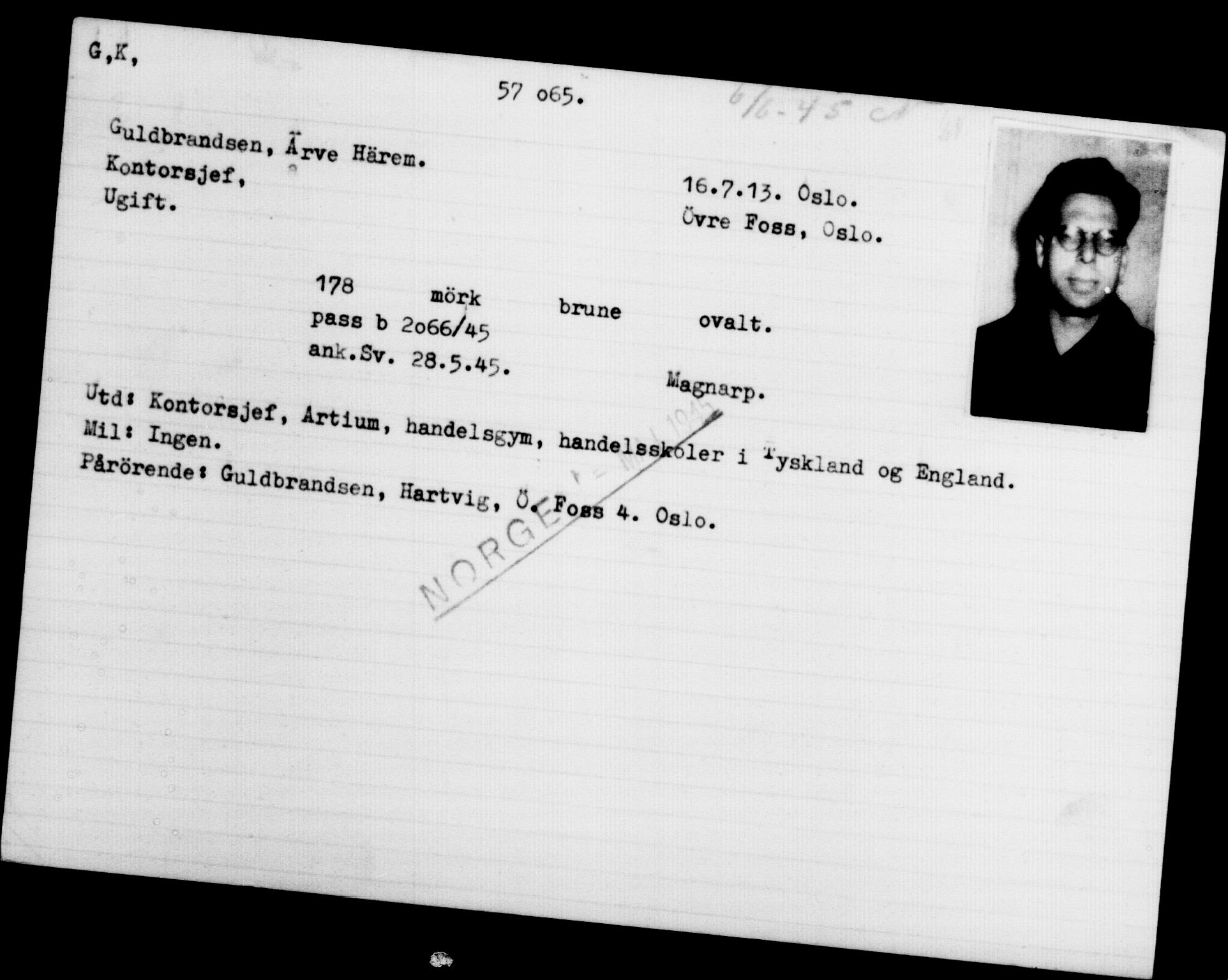 Utenriksstasjonene, Legasjonen i Stockholm, Flyktningkontoret, AV/RA-S-6753/V/Va/L0020: Kjesäterkartoteket, flyktninger med registreringsnr. 55000-58245, 1940-1945, p. 2065