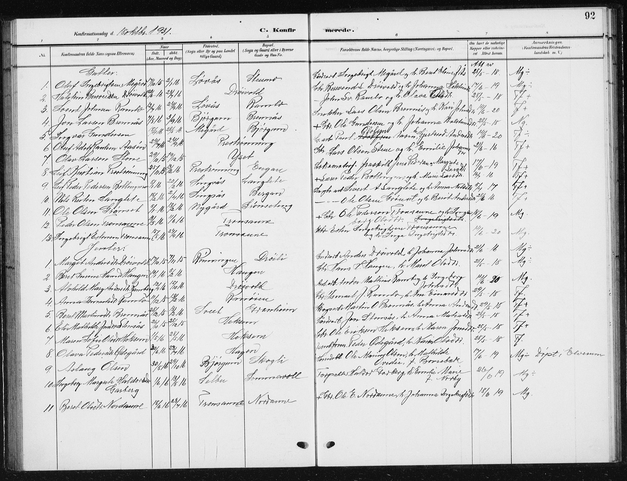 Ministerialprotokoller, klokkerbøker og fødselsregistre - Sør-Trøndelag, SAT/A-1456/685/L0979: Parish register (copy) no. 685C04, 1908-1933, p. 92