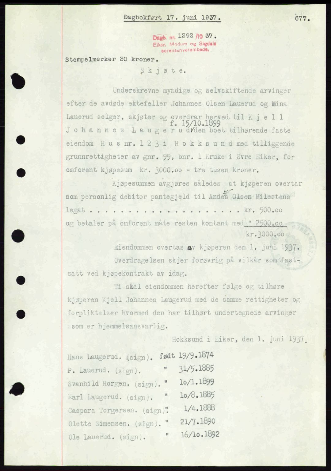 Eiker, Modum og Sigdal sorenskriveri, SAKO/A-123/G/Ga/Gab/L0035: Mortgage book no. A5, 1937-1937, Diary no: : 1292/1937