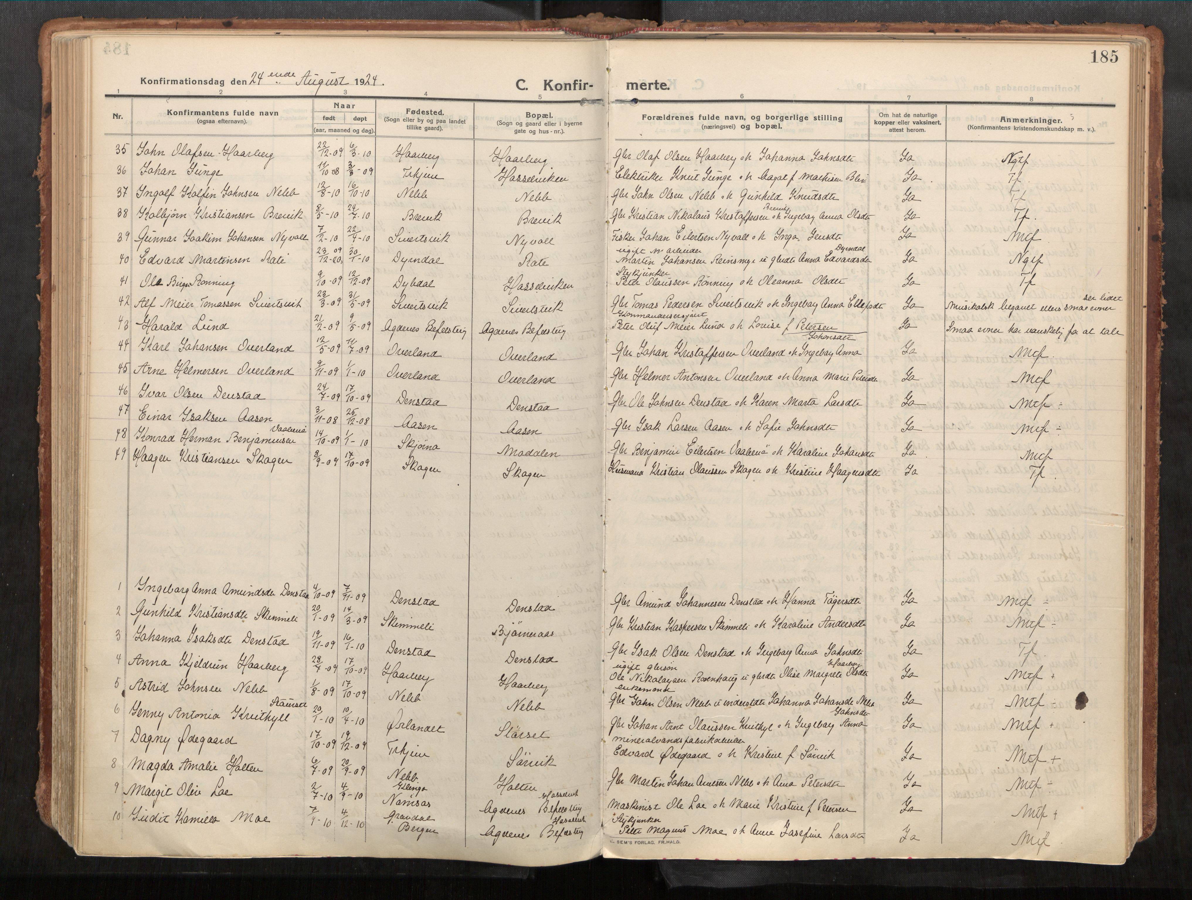 Stadsbygd sokneprestkontor, AV/SAT-A-1117/1/I/I1/I1a/L0001: Parish register (official) no. 1, 1911-1929, p. 185