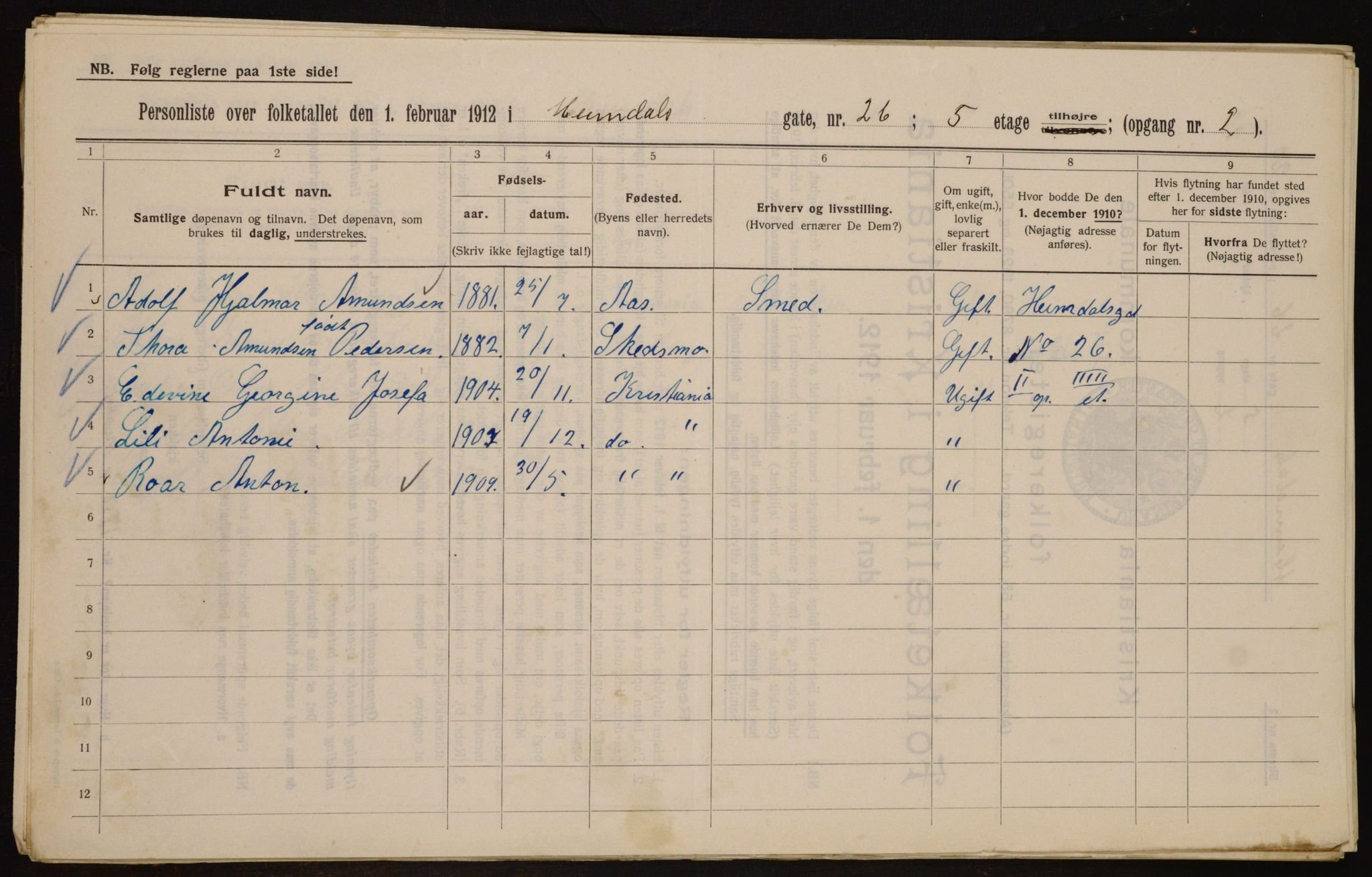 OBA, Municipal Census 1912 for Kristiania, 1912, p. 37198